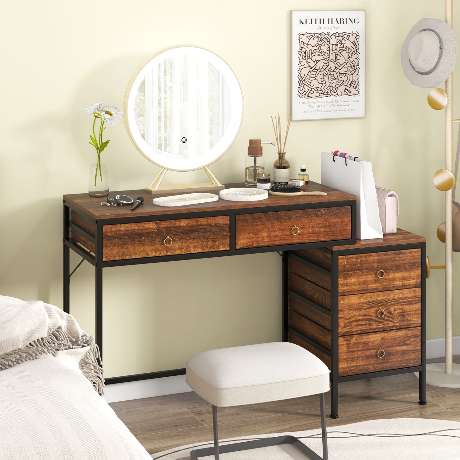 Computer Desk with 5 Drawers Home Office Desk with Side File Cabinet-Rustic Brown