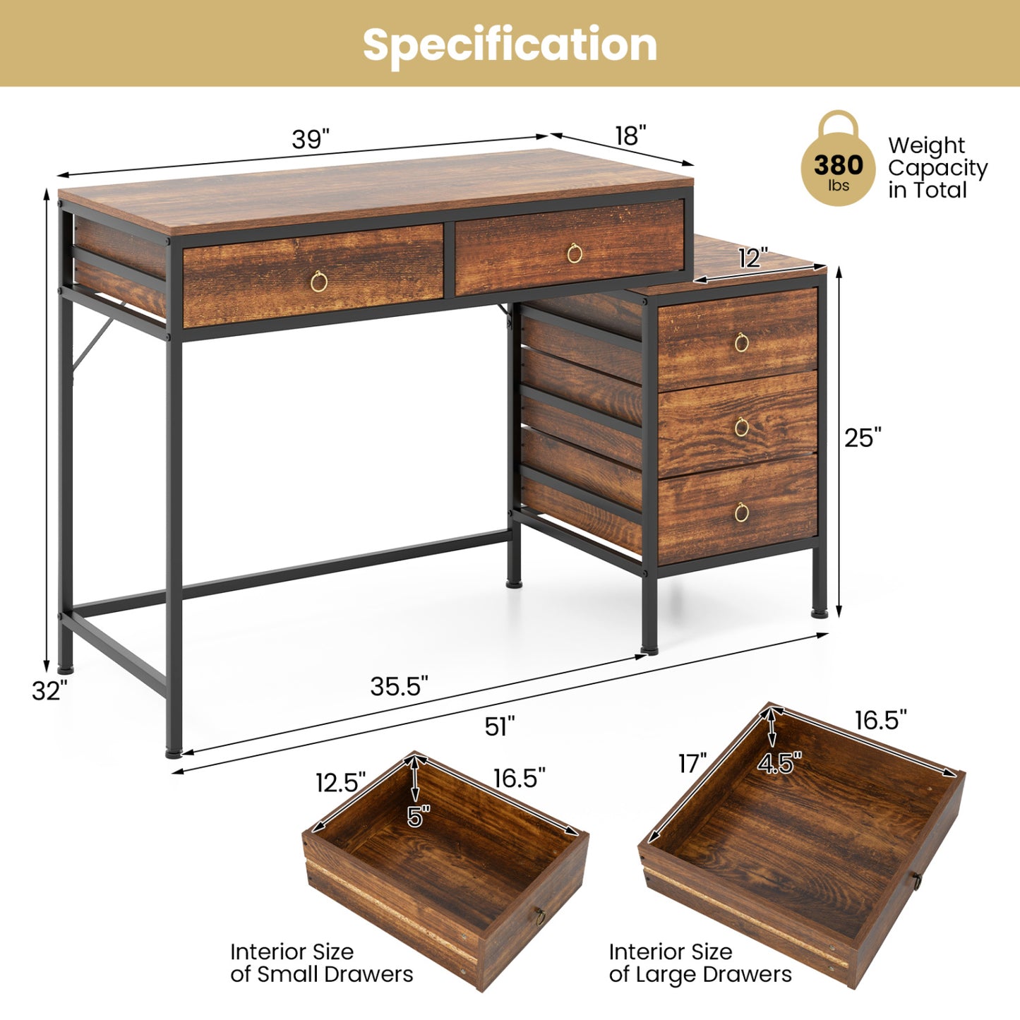Computer Desk with 5 Drawers Home Office Desk with Side File Cabinet-Rustic Brown