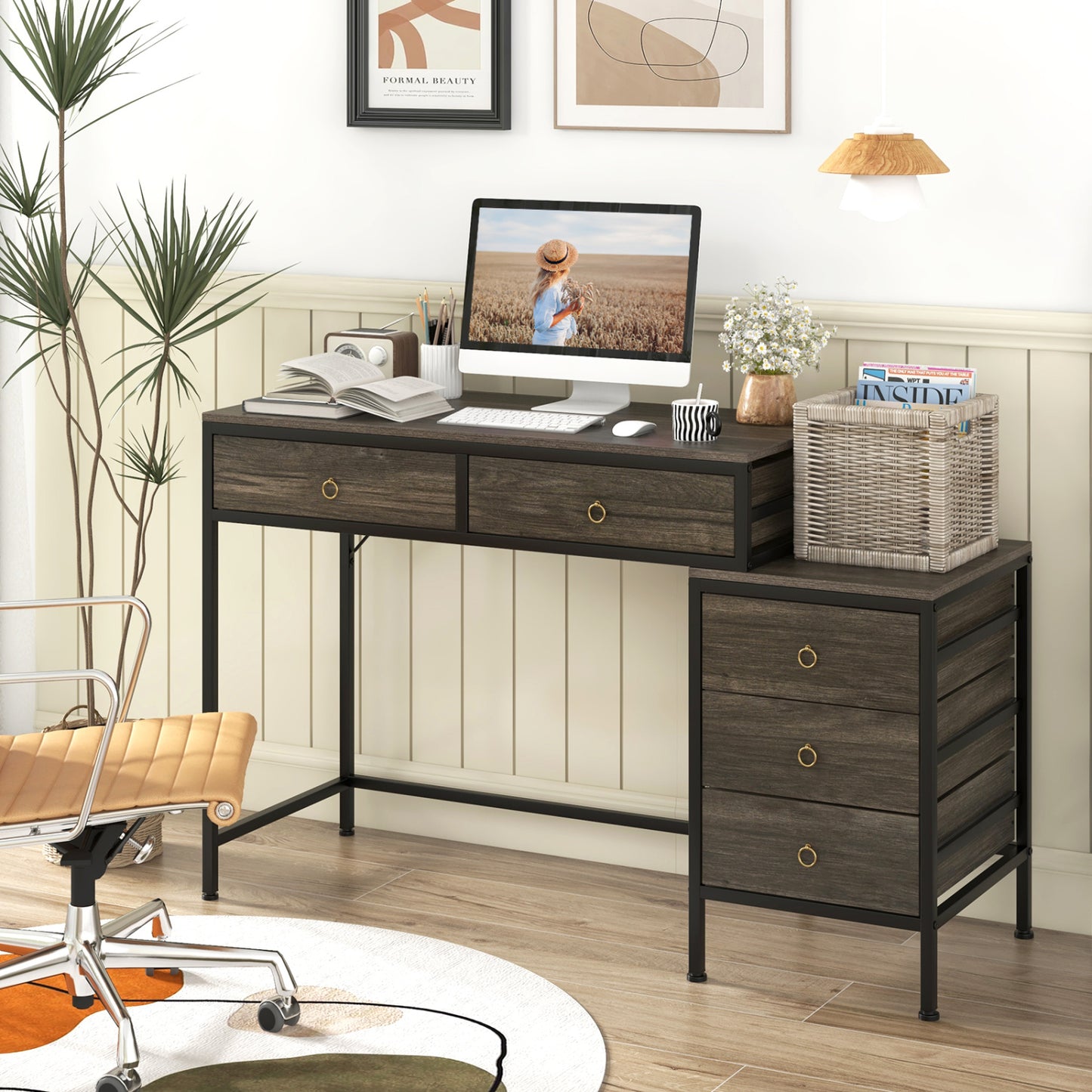 Computer Desk with 5 Drawers Home Office Desk with Side File Cabinet-Grey