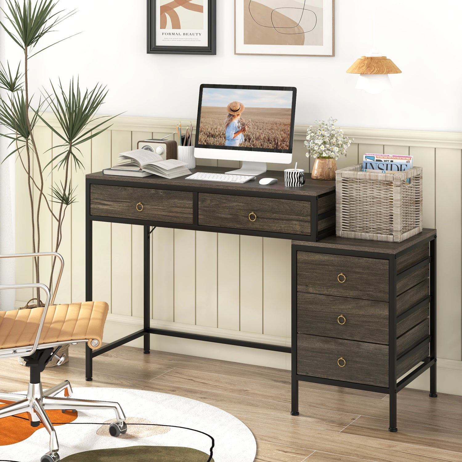 Computer Desk with 5 Drawers Home Office Desk with Side File Cabinet-Grey