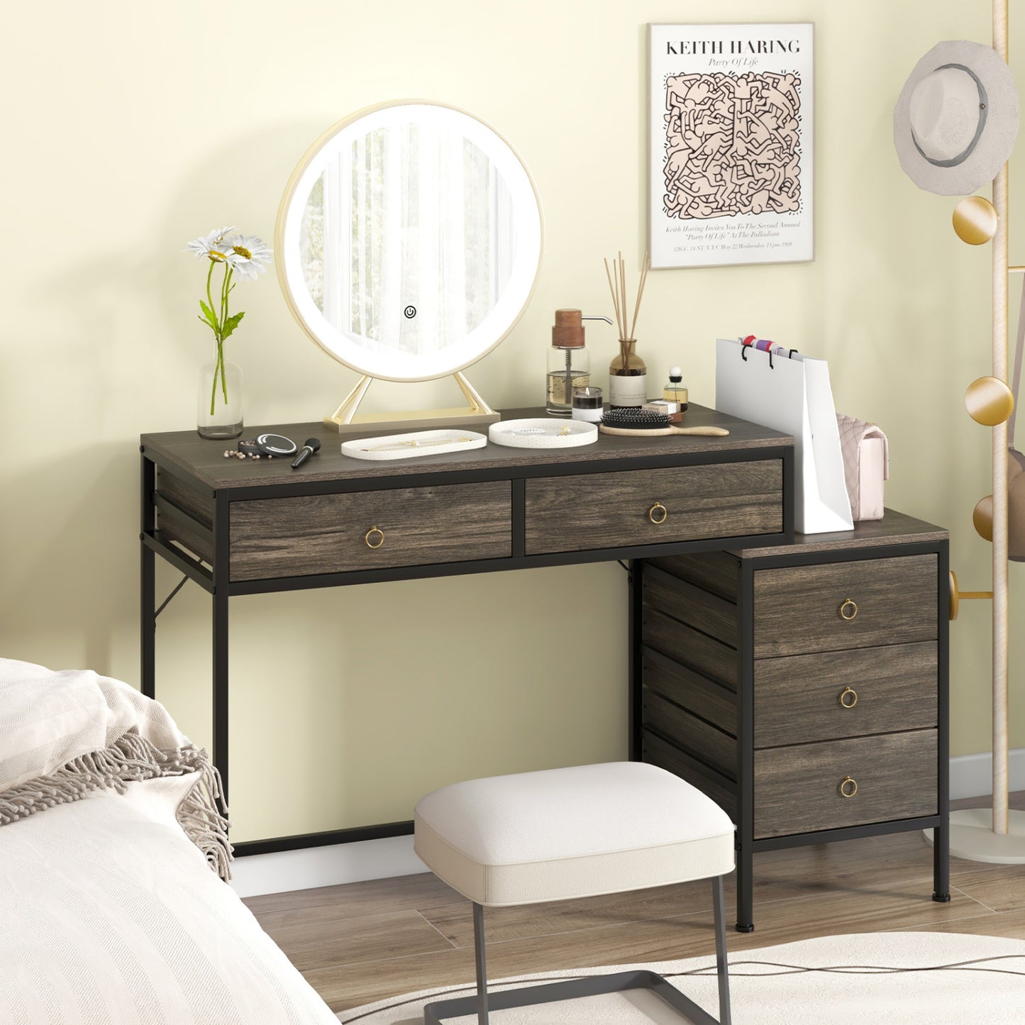 Computer Desk with 5 Drawers Home Office Desk with Side File Cabinet-Grey