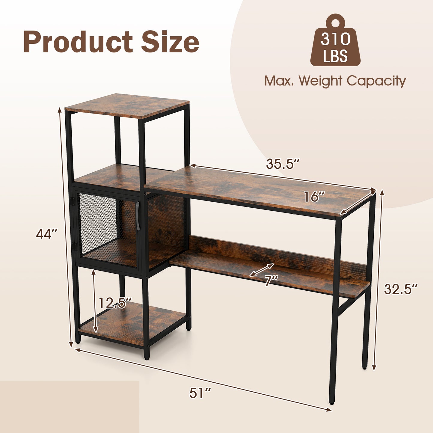 Computer Desk with Bookshelf Home Office Desk with Storage Cabinet and Shelves-Rustic Brown