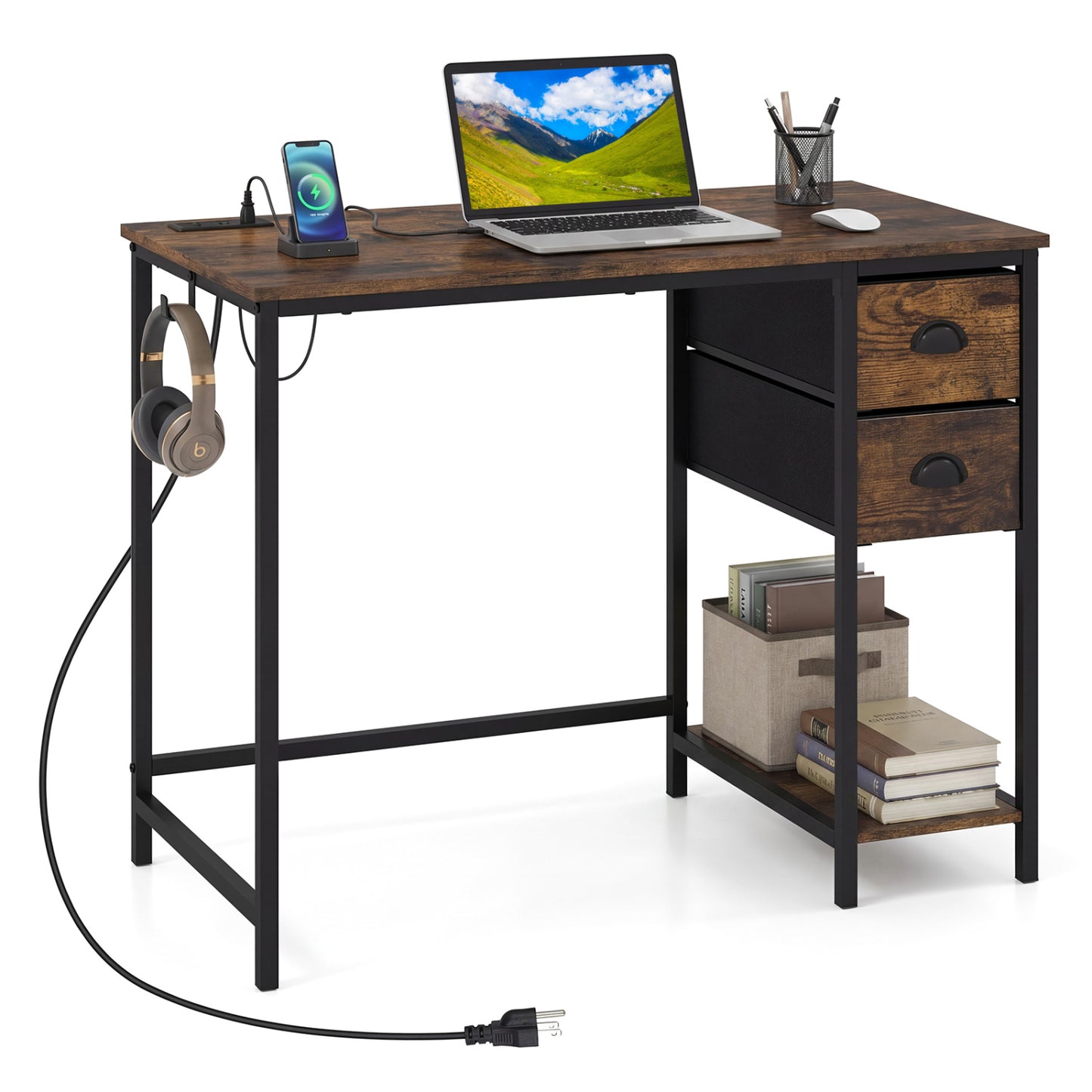Computer Desk with Charging Station and 2 Fabric Drawers for Small Spaces