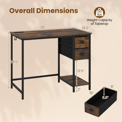 Computer Desk with Charging Station and 2 Fabric Drawers for Small Spaces