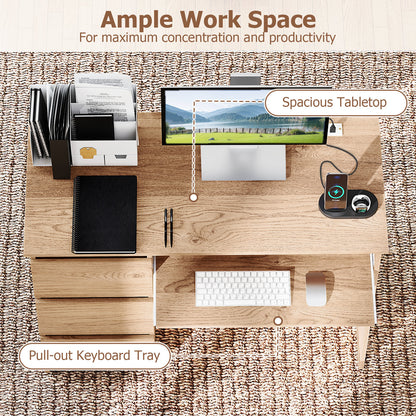 Computer Desk with Power Outlet Keyboard Tray and 3 Large Drawers