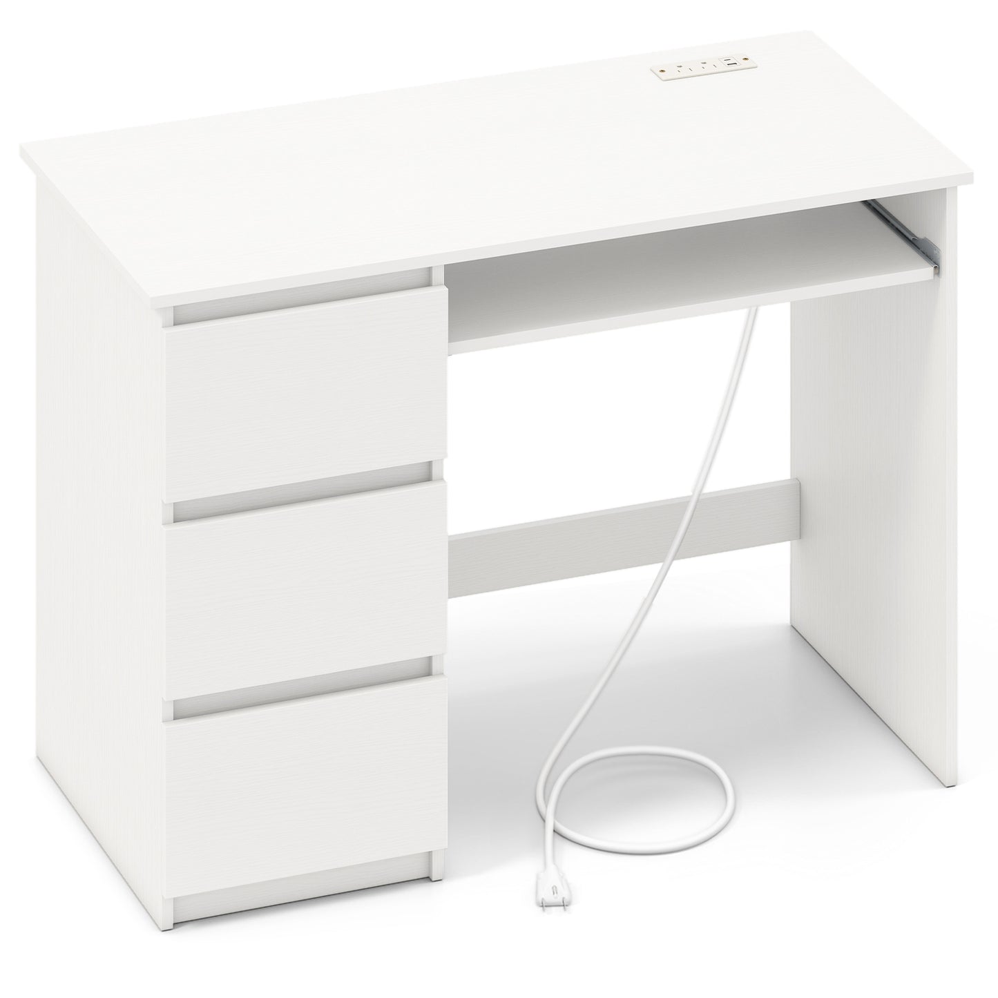 Computer Desk with Power Outlet Keyboard Tray and 3 Large Drawers-Natural - White