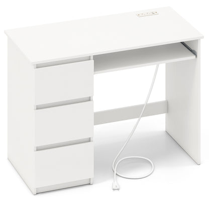 Computer Desk with Power Outlet Keyboard Tray and 3 Large Drawers-Natural - White