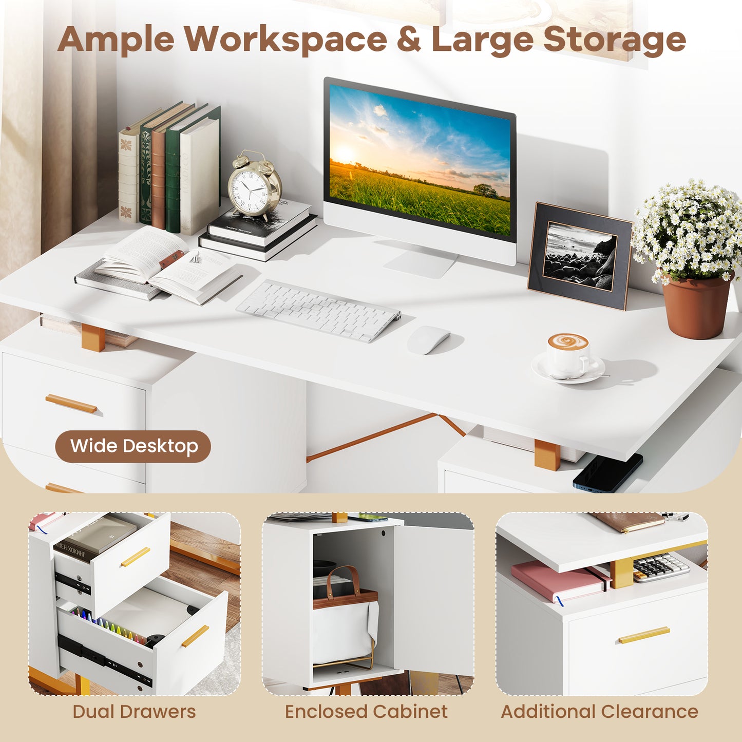 51 Inch Computer Desk with Floating Desktop and Dual Drawers-White