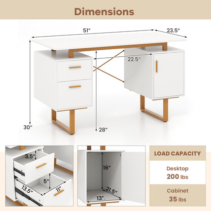 51 Inch Computer Desk with Floating Desktop and Dual Drawers-White