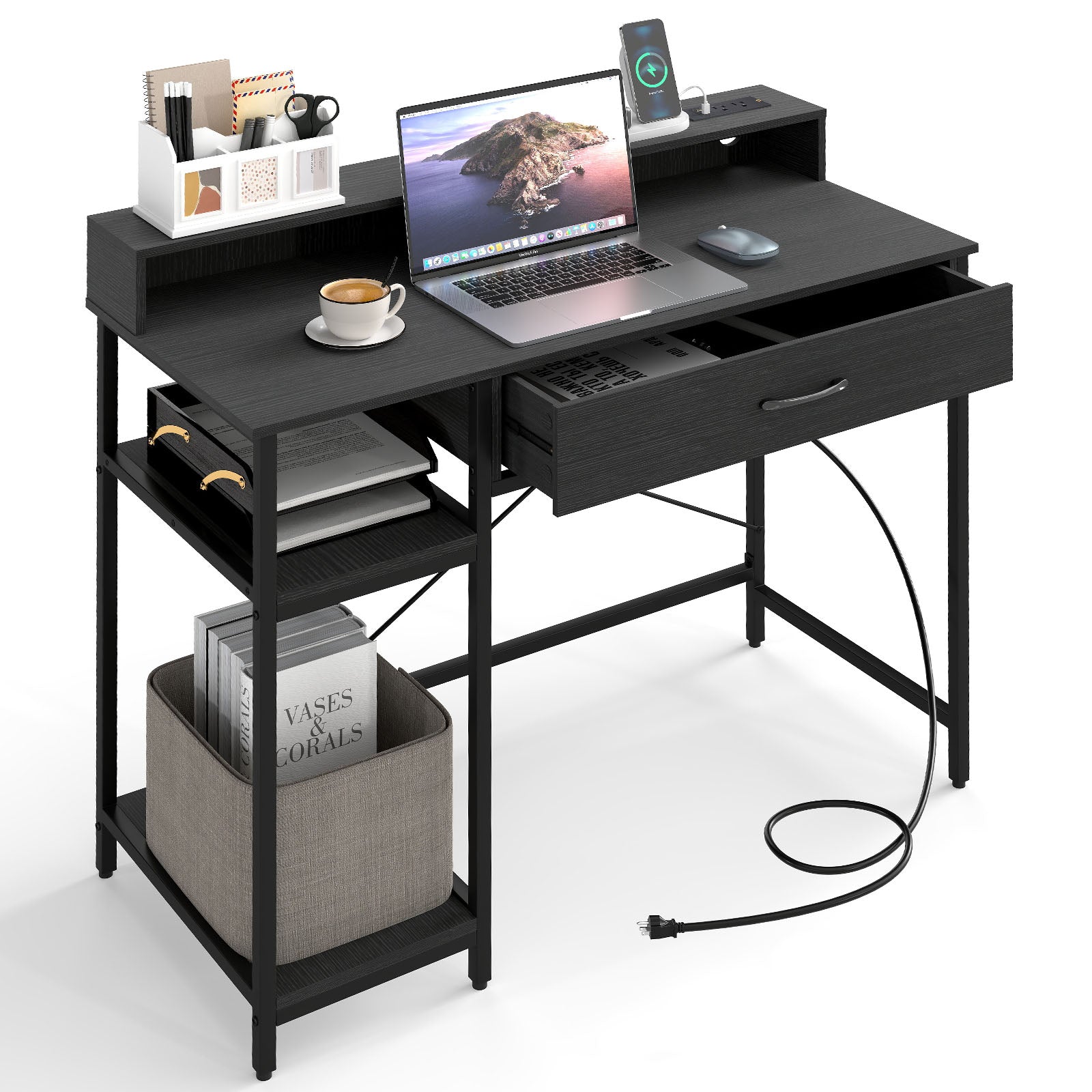 48 Inch Computer Desk with Monitor Stand Drawer and Shelves-Rustic Brown - Black