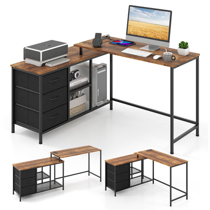 L-shaped Computer Desk with Power Outlet for Working Studying Gaming-Rustic Brown - Rustic Brown