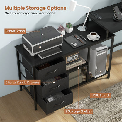 L-shaped Computer Desk with Power Outlet for Working Studying Gaming