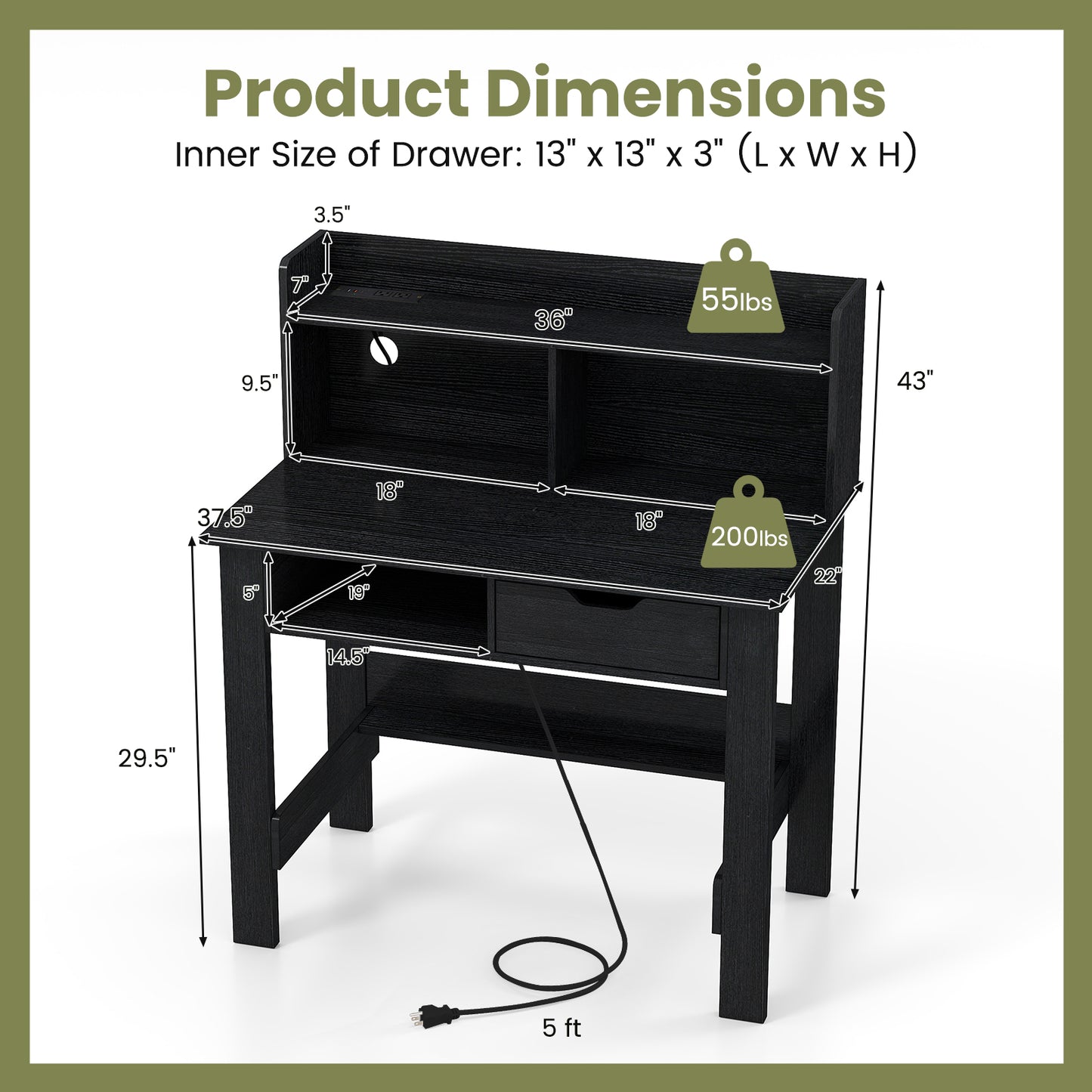 Computer Desk with Power Outlets USB Ports and Type-C-Black