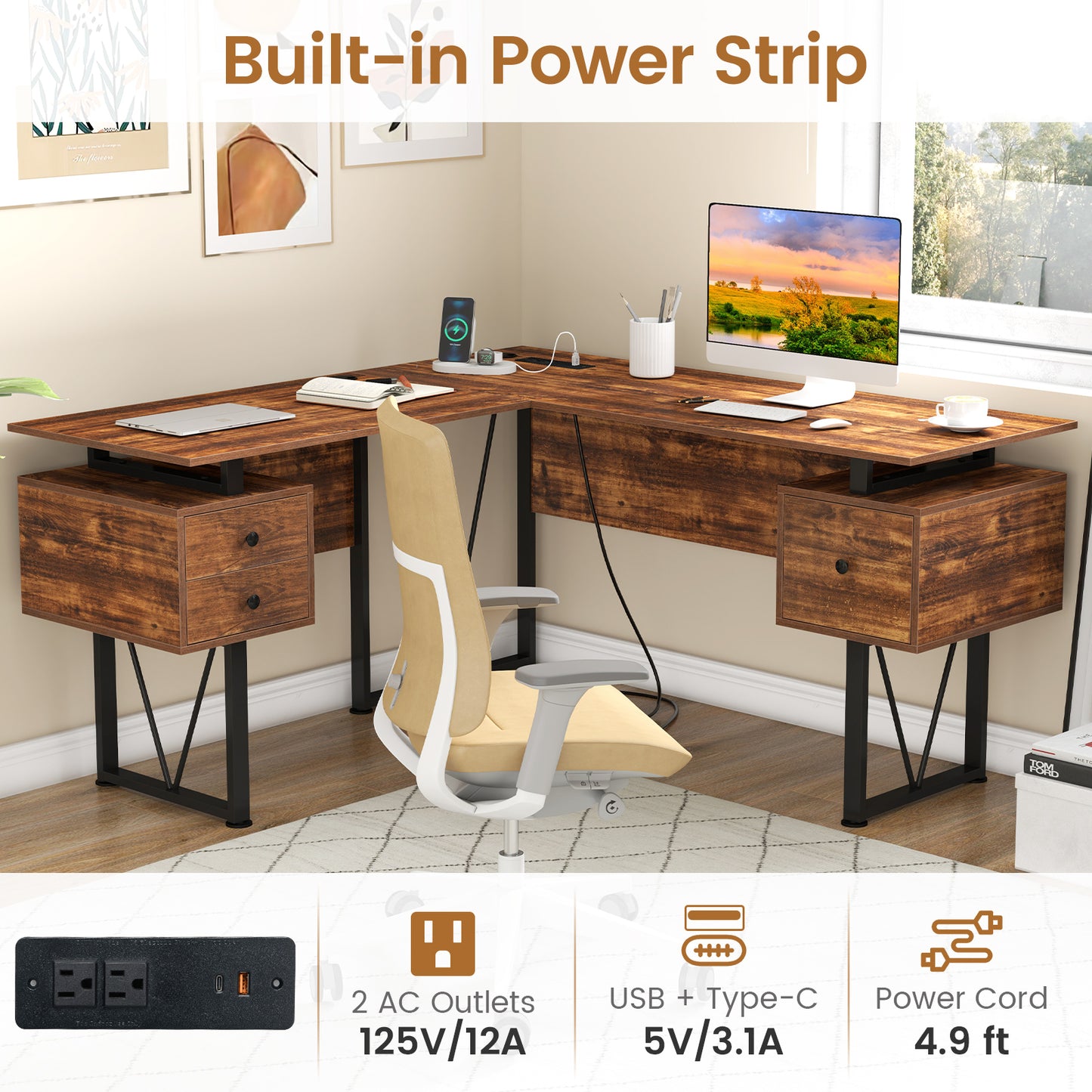 L-shaped Computer Desk with Power Outlets and 3 Storage Drawers-Rustic Brown