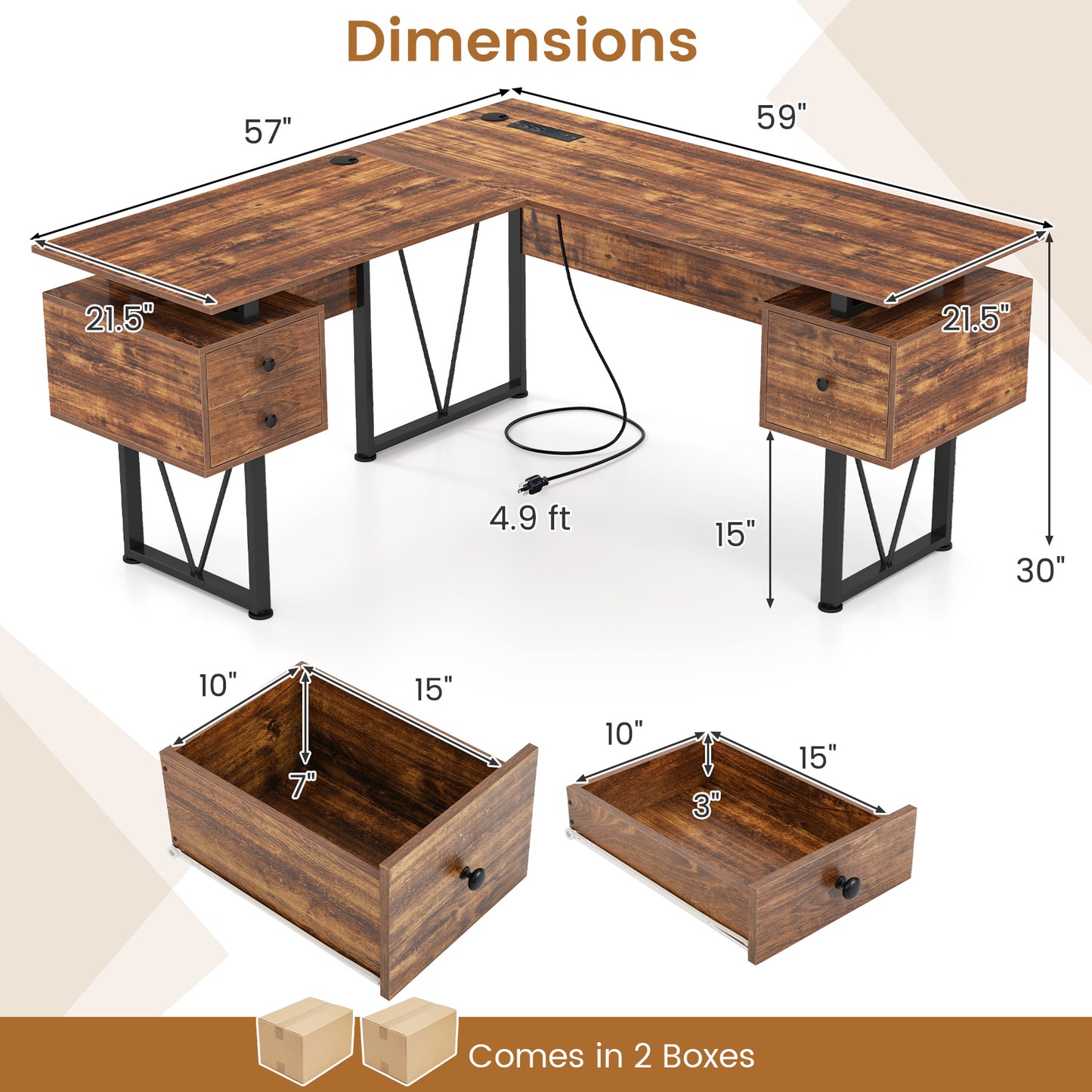 L-shaped Computer Desk with Power Outlets and 3 Storage Drawers-Rustic Brown