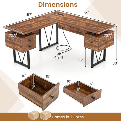 L-shaped Computer Desk with Power Outlets and 3 Storage Drawers-Rustic Brown