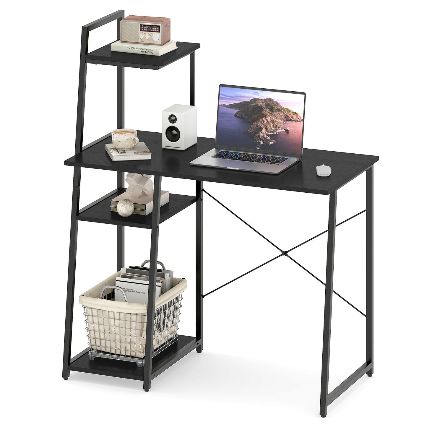 Computer Desk with Shelves and 3-Tier Storage Bookshelf-Black - Black