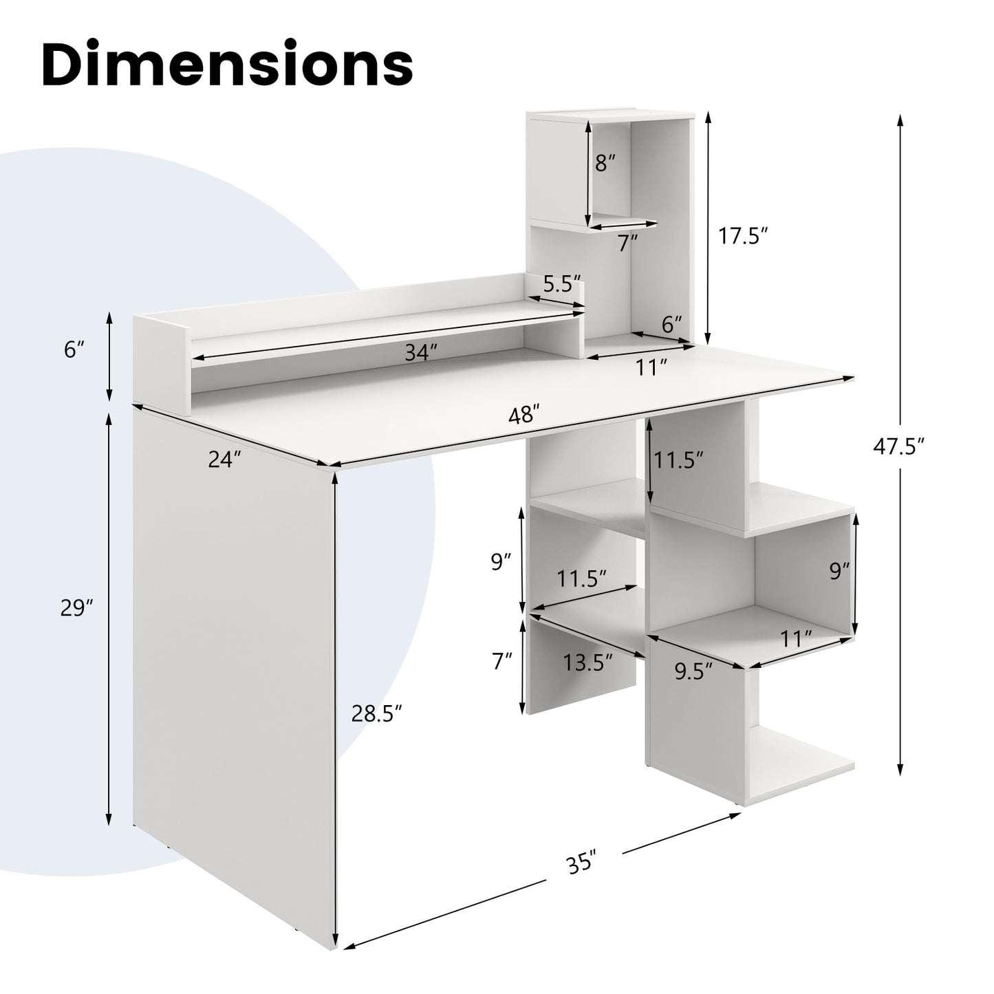 Modern Computer Desk with Storage Bookshelf and Hutch for Home Office-White