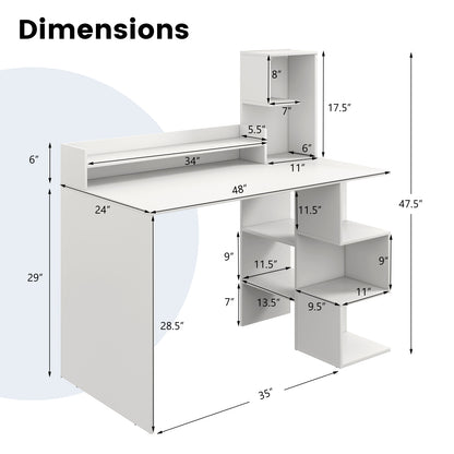 Modern Computer Desk with Storage Bookshelf and Hutch for Home Office-White