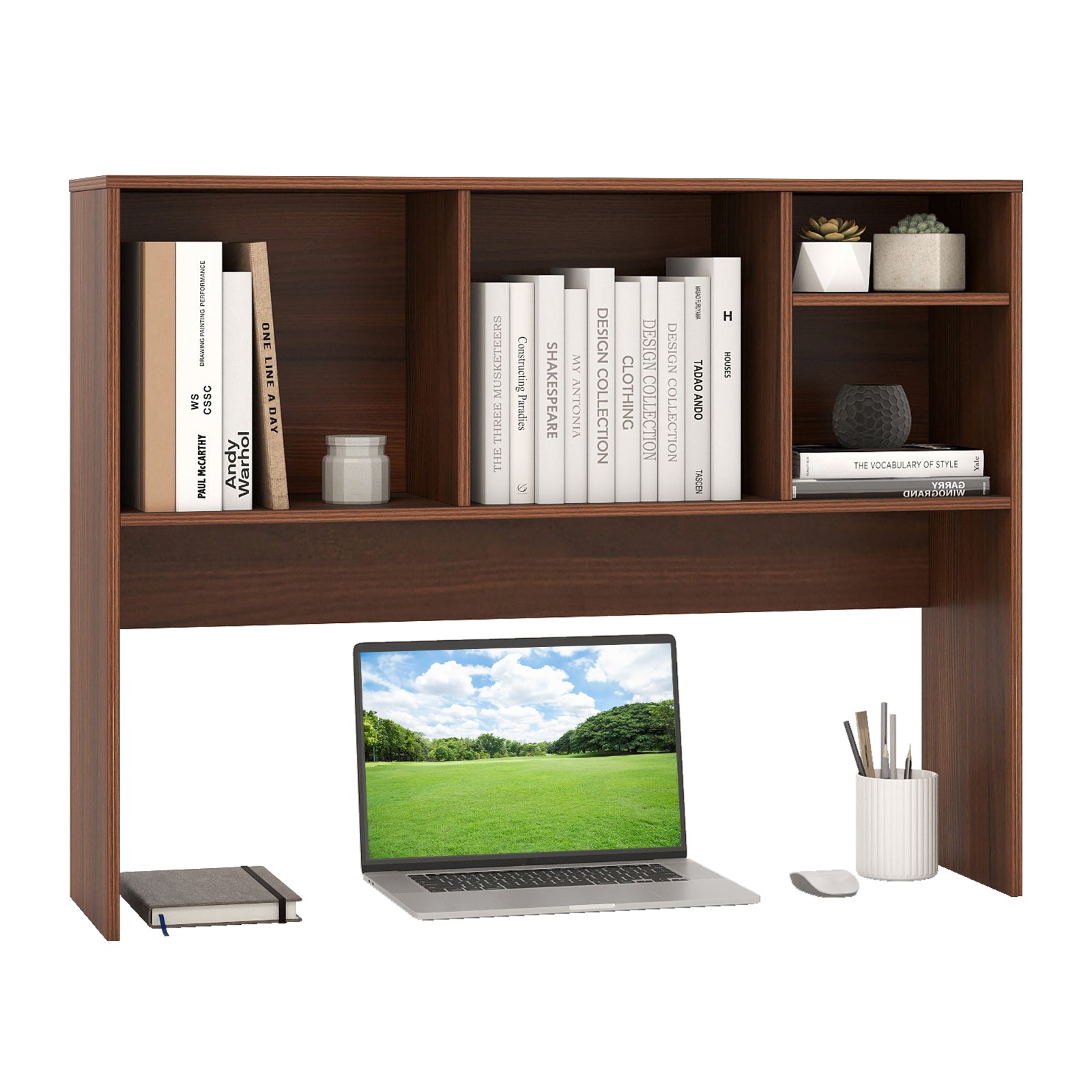Computer Desktop Bookcase with 4 Cubbies and Open Back Compartment-Black - Walnut