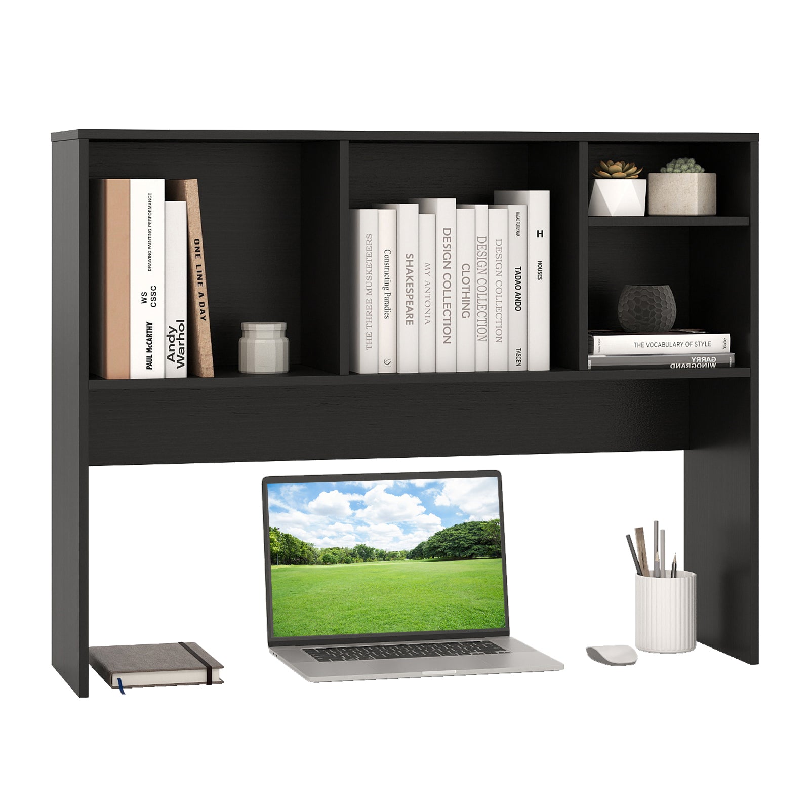 Computer Desktop Bookcase with 4 Cubbies and Open Back Compartment-Black - Black