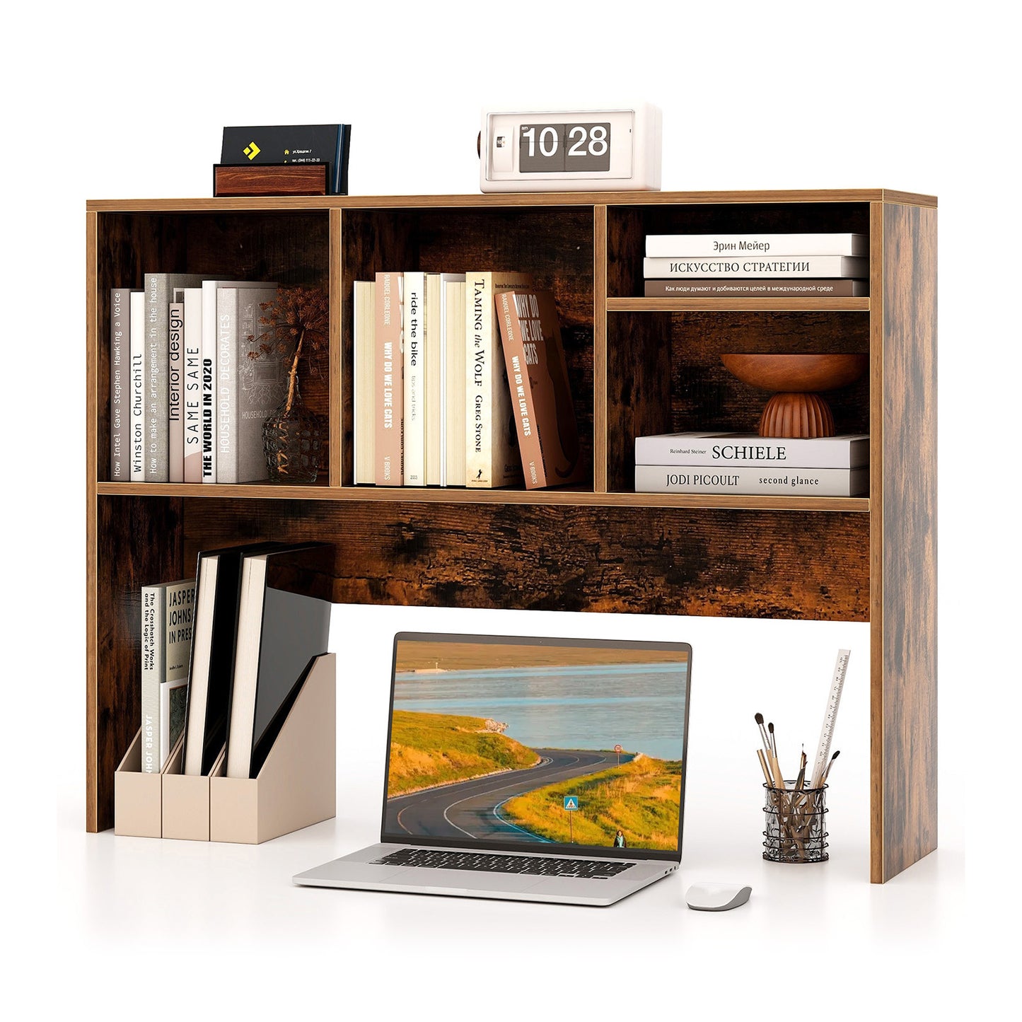 Computer Desktop Bookcase with 4 Cubbies and Open Back Compartment-Black - Coffee
