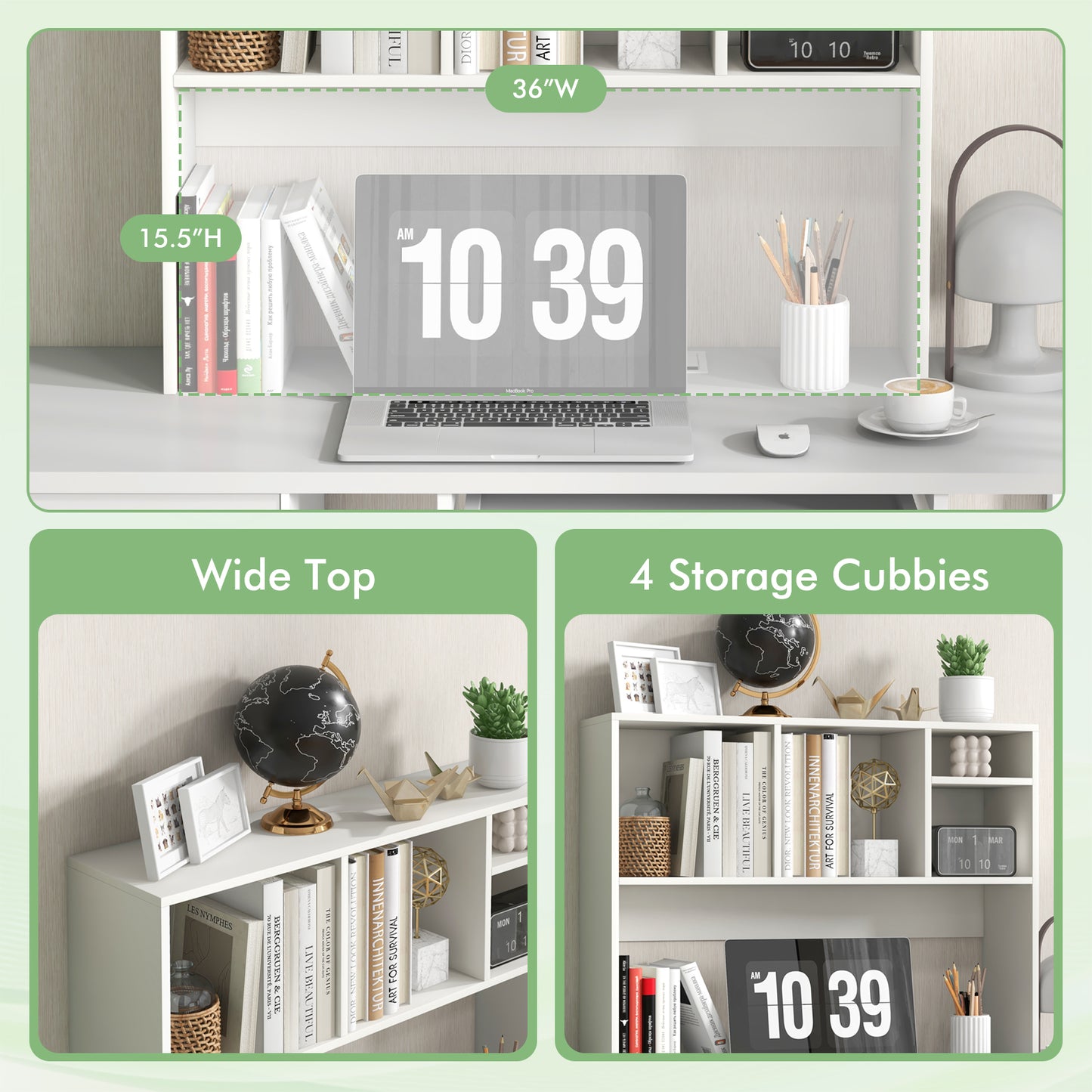 Computer Desktop Bookcase with 4 Cubbies and Open Back Compartment