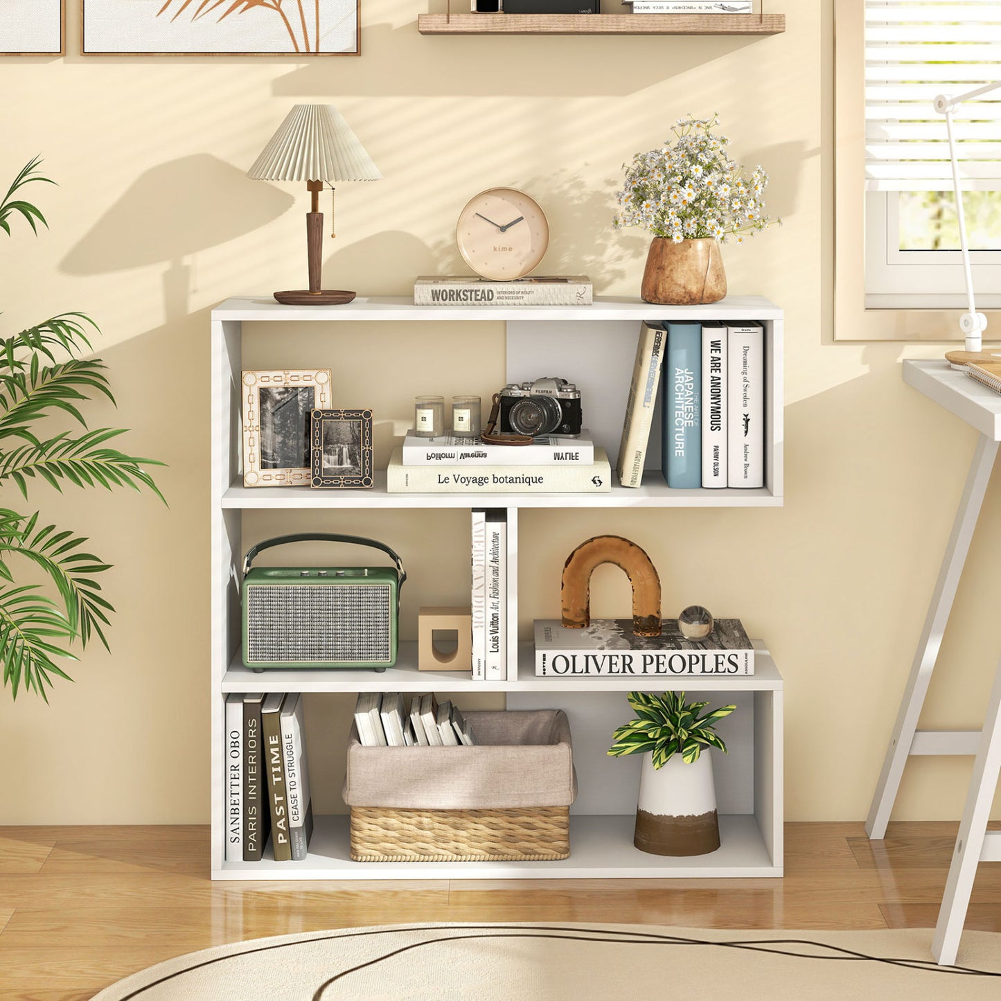 Concave Bookshelf with 3 Open Shelves and Anti-Tip Device