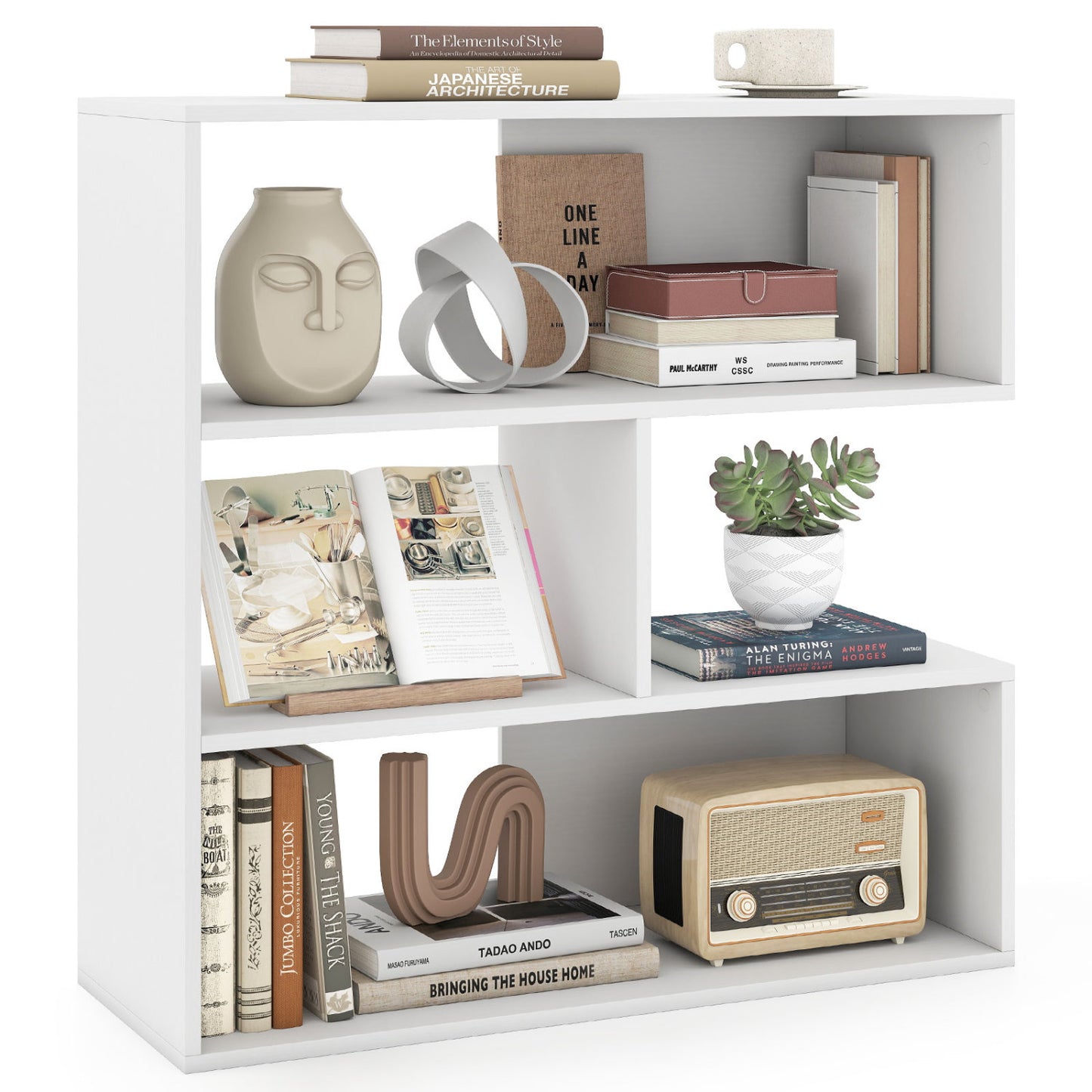 Concave Bookshelf with 3 Open Shelves and Anti-Tip Device