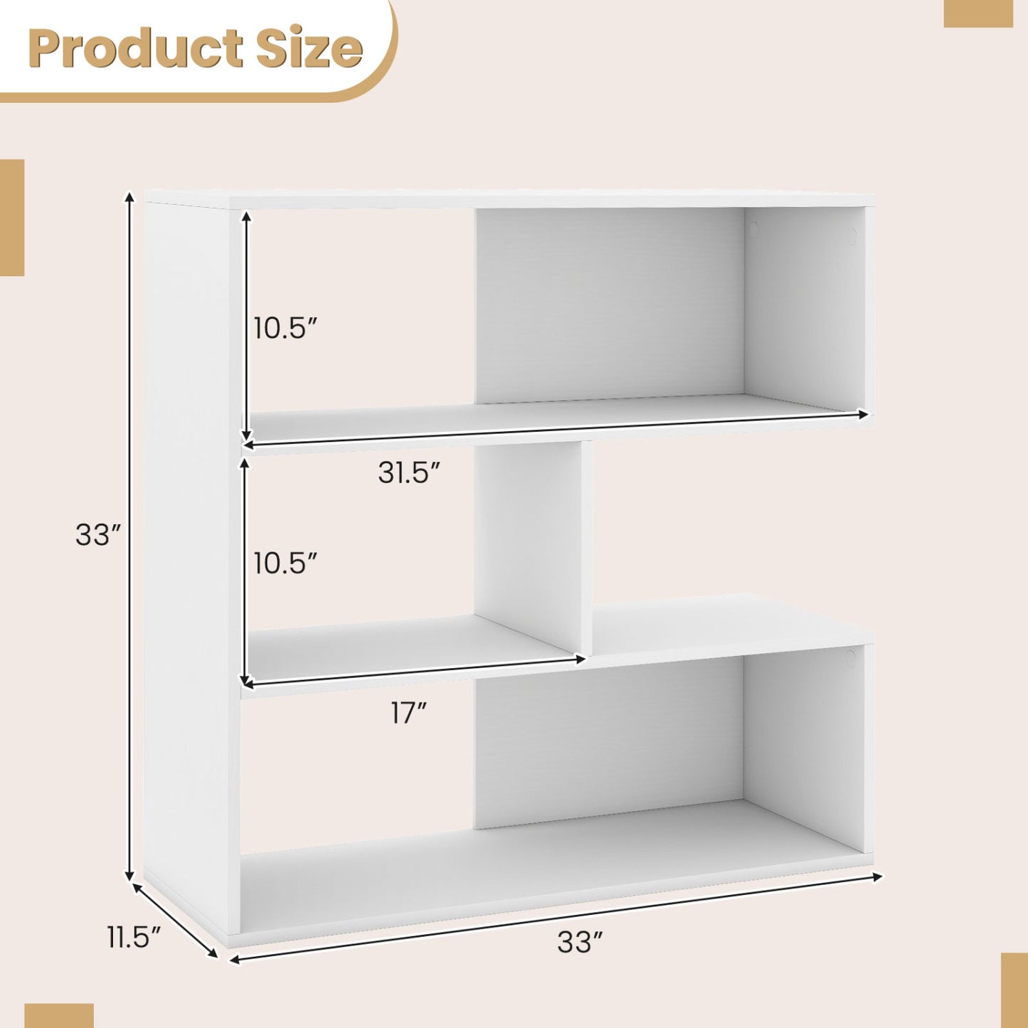 Concave Bookshelf with 3 Open Shelves and Anti-Tip Device