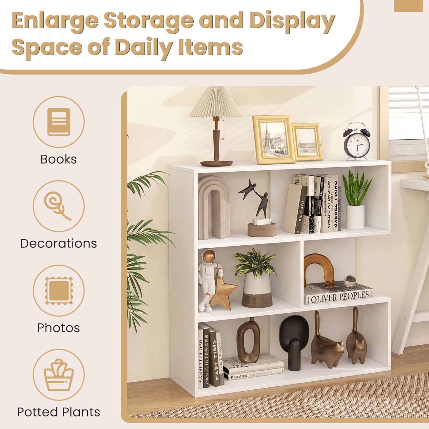 Concave Bookshelf with 3 Open Shelves and Anti-Tip Device