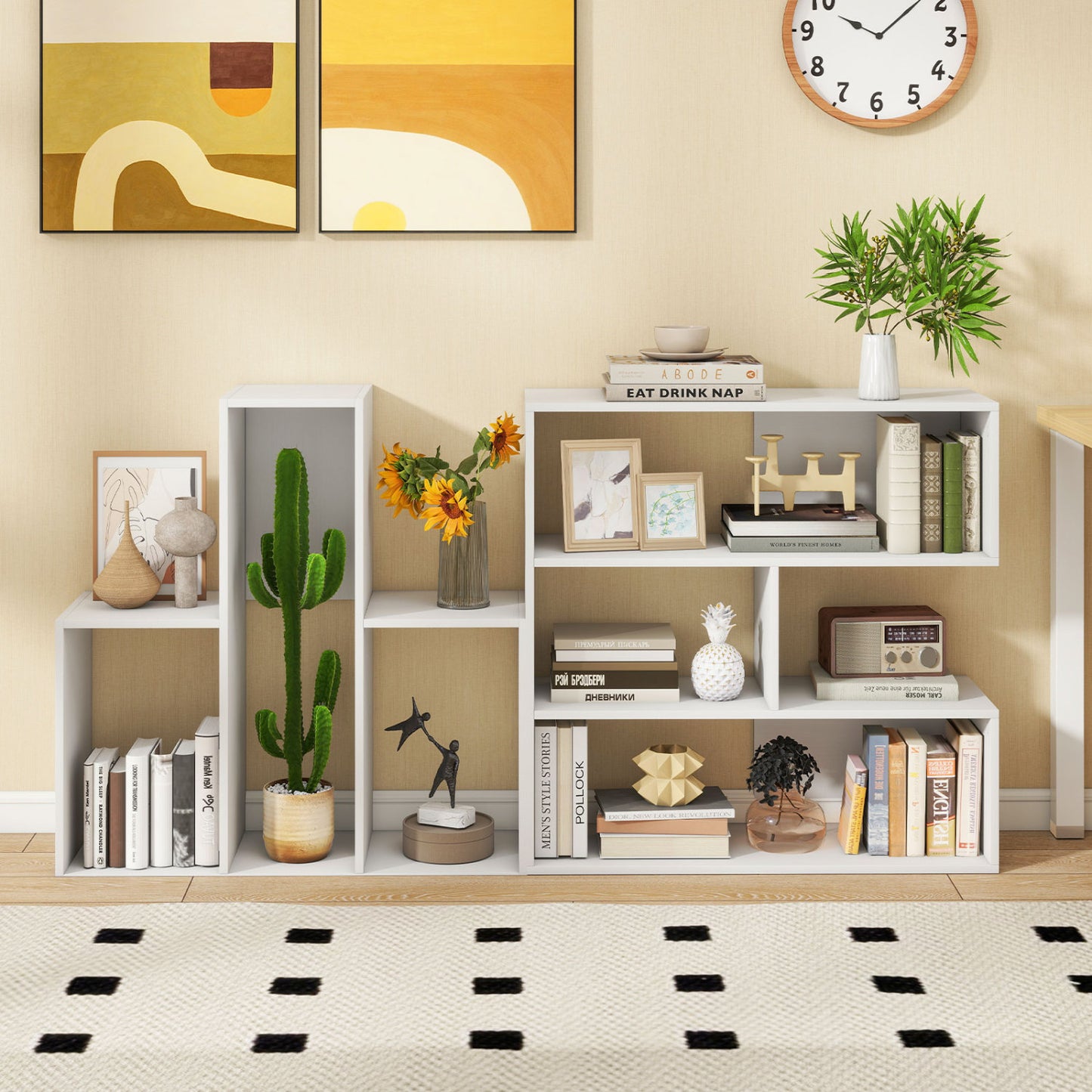 Geometric Bookshelf Set with 3 Open Shelves and Anti-Tip