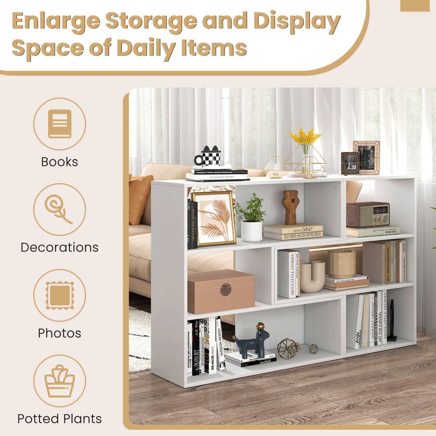 Geometric Bookshelf Set with 3 Open Shelves and Anti-Tip