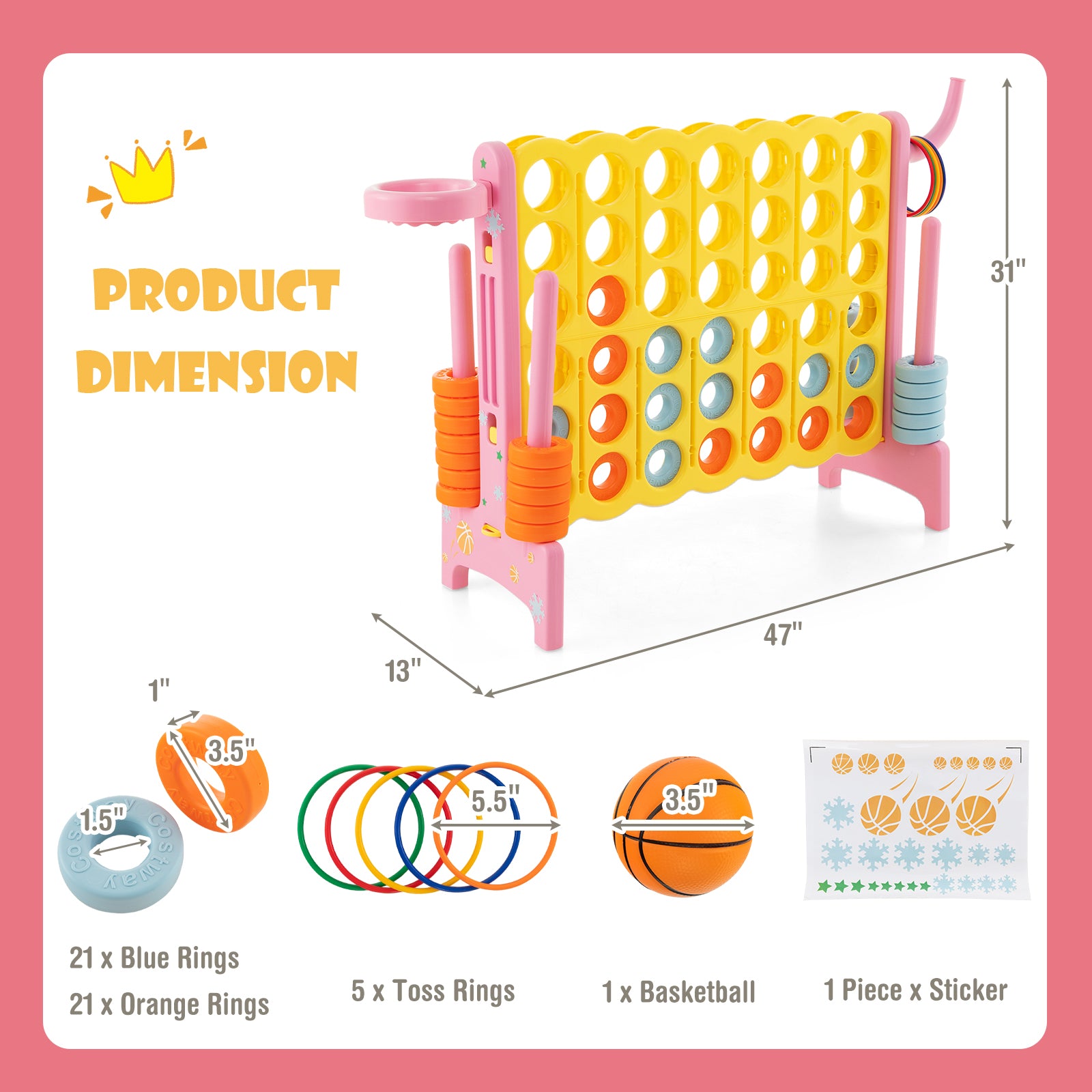 4-in-a-Row Connect Game with Basketball Hoop and Toss Ring-Blue - Pink