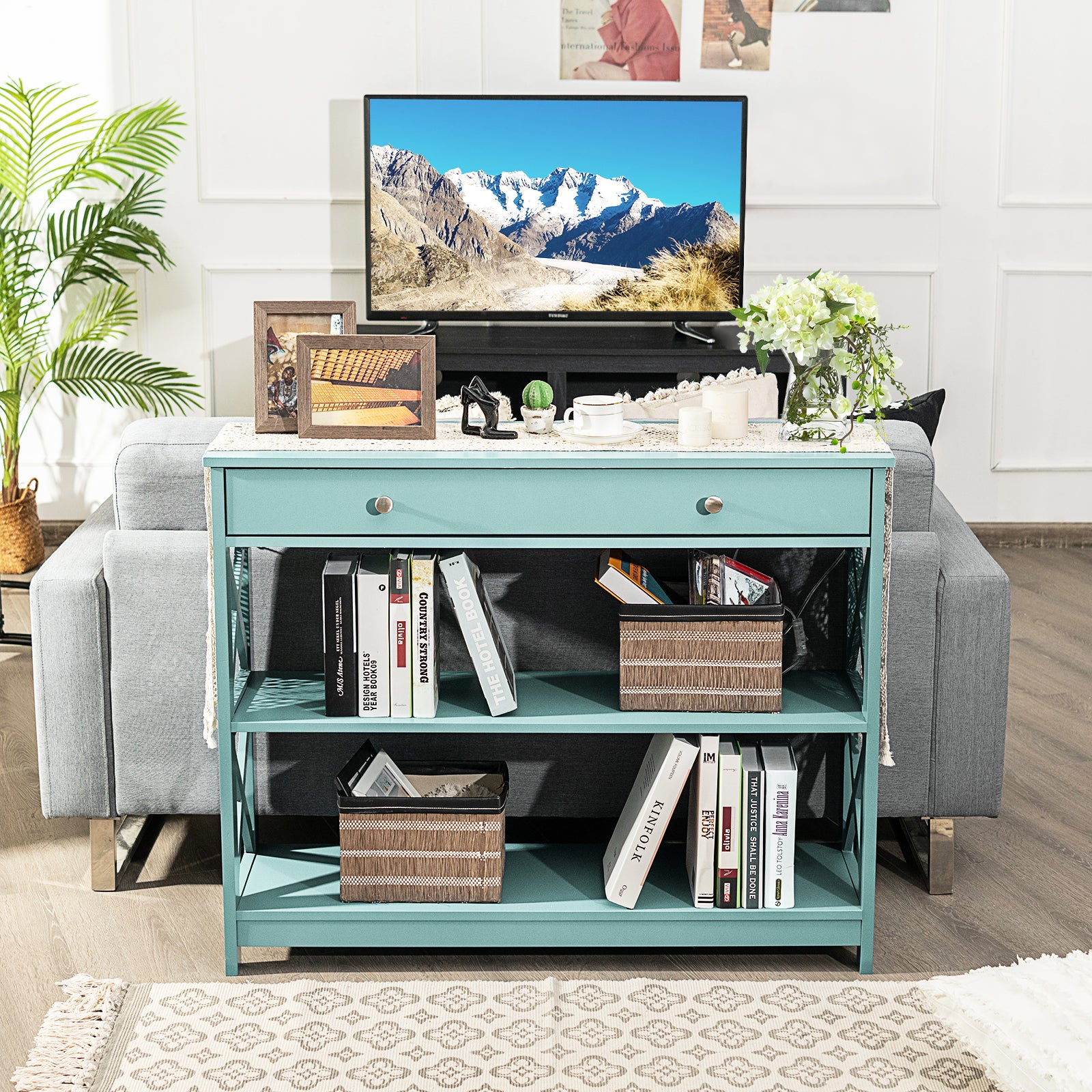 Console Table 3-Tier with Drawer and Storage Shelves-Turquoise