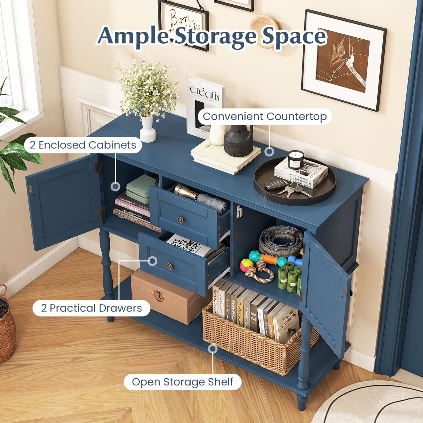 Console Table with 2 Drawers and Storage Cabinets