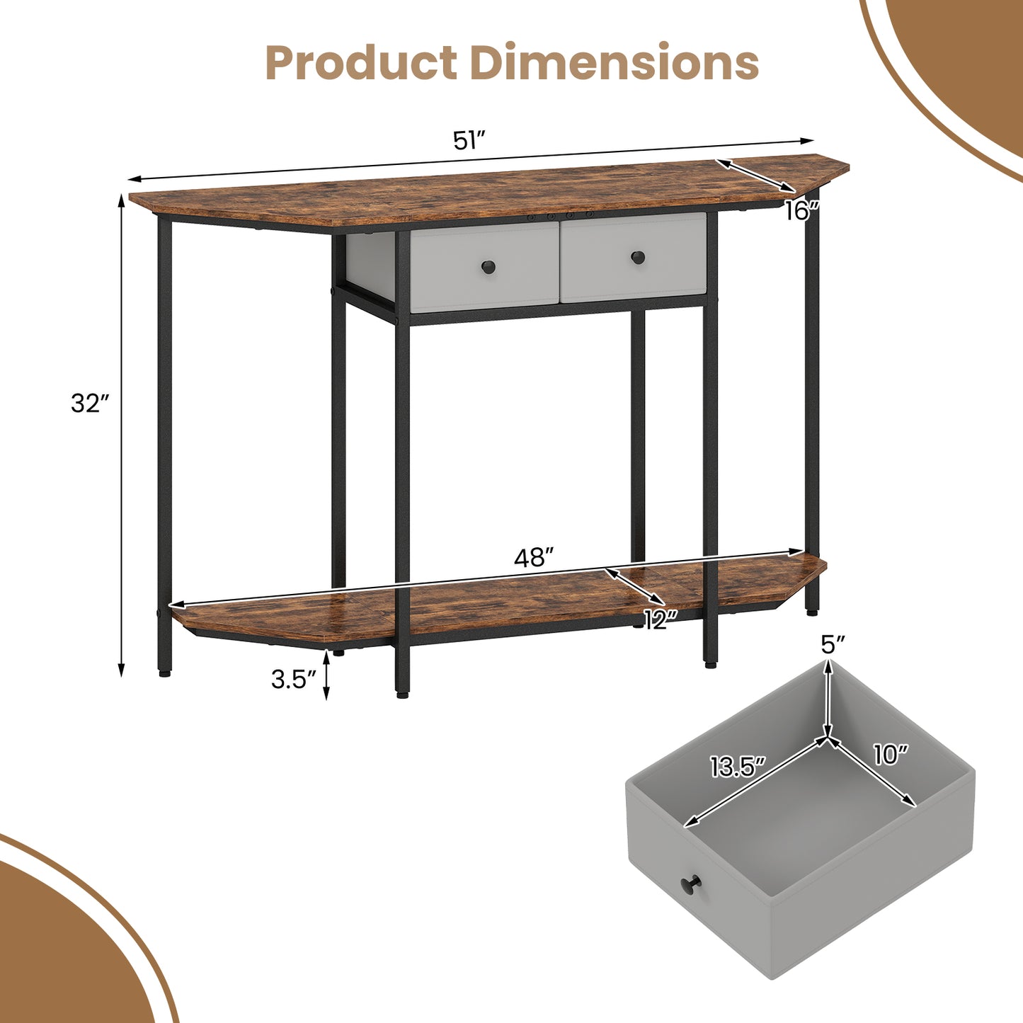 Console Table with 2 Drawers and Open Storage Shelf-Rustic Brown
