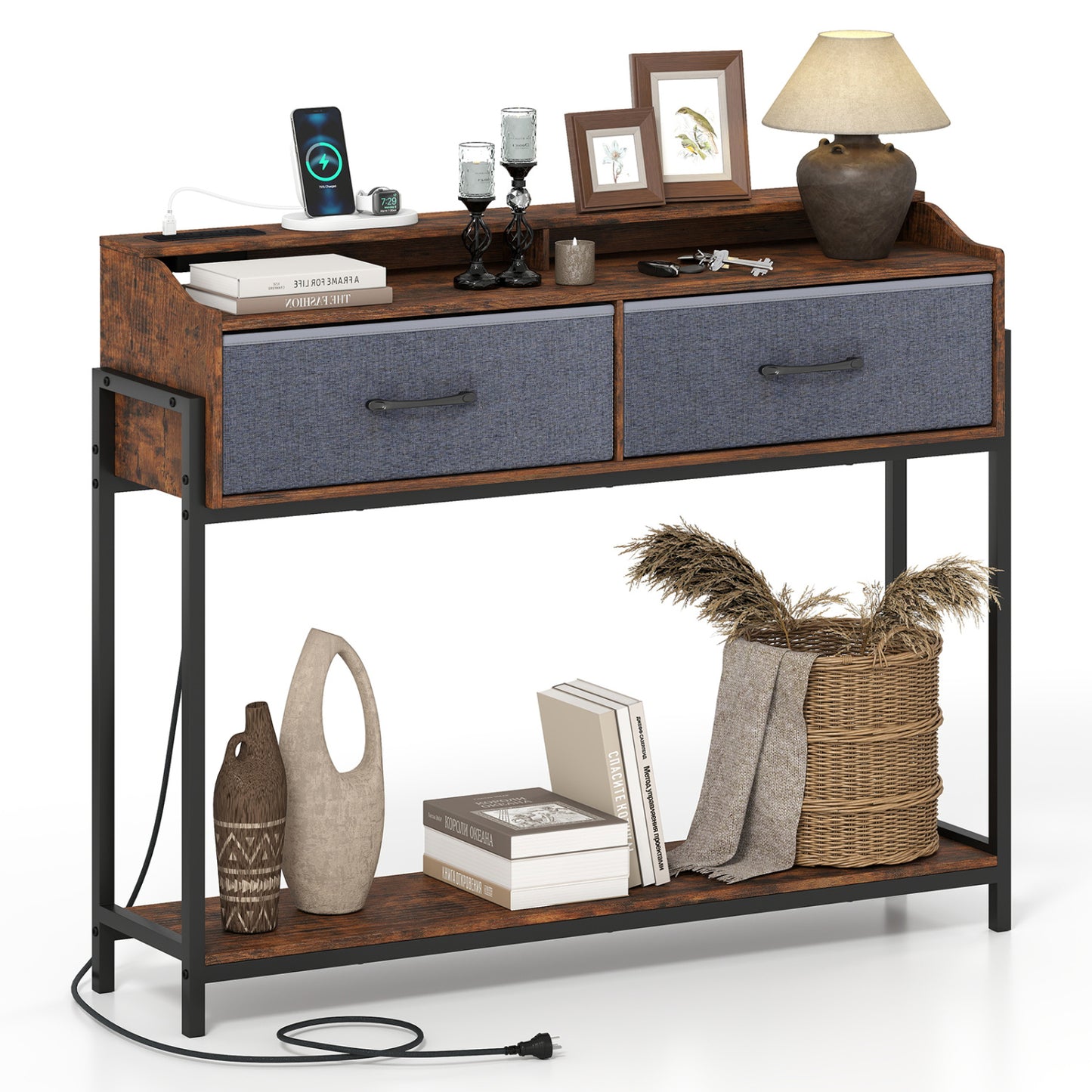 Console Table with Charging Station & 2 Drawers 110cm