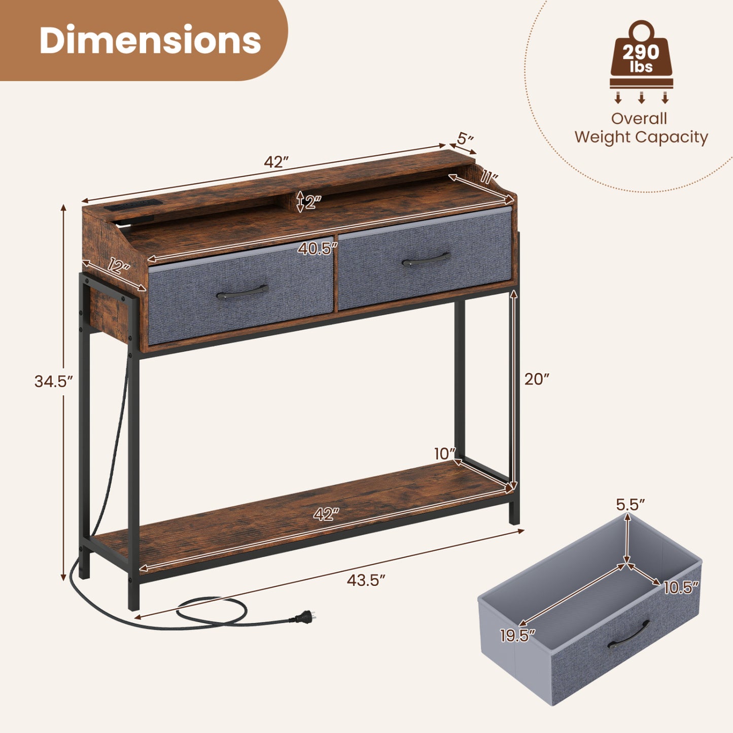Console Table with Charging Station & 2 Drawers 110cm