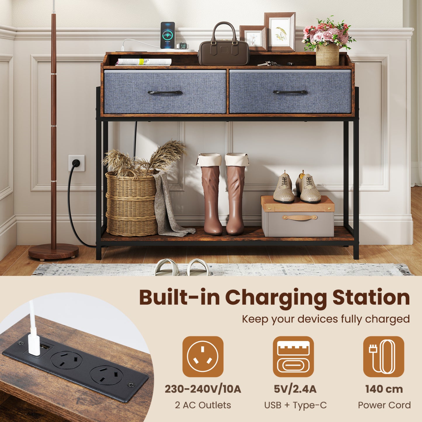 Console Table with Charging Station & 2 Drawers 110cm