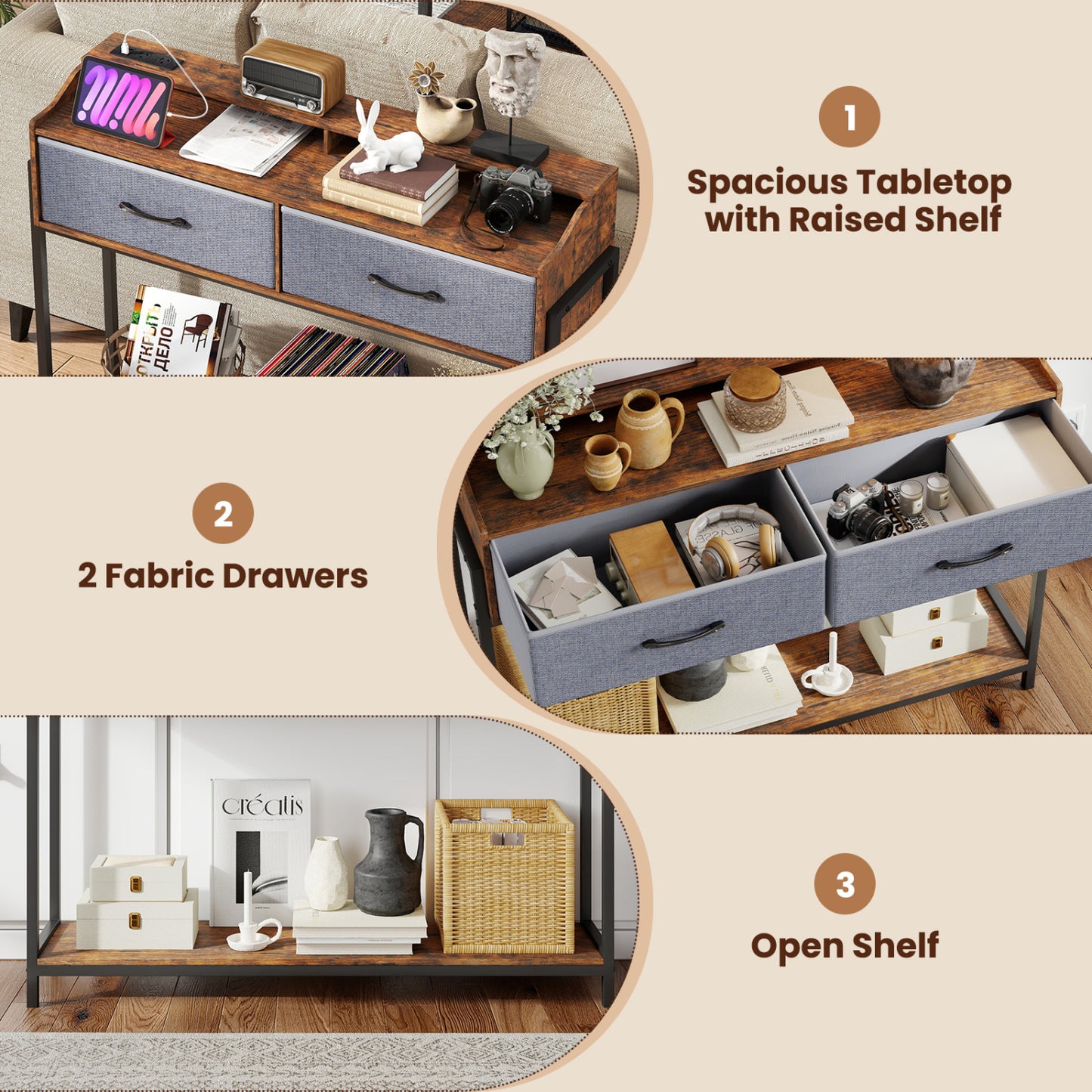 Console Table with Charging Station & 2 Drawers 110cm