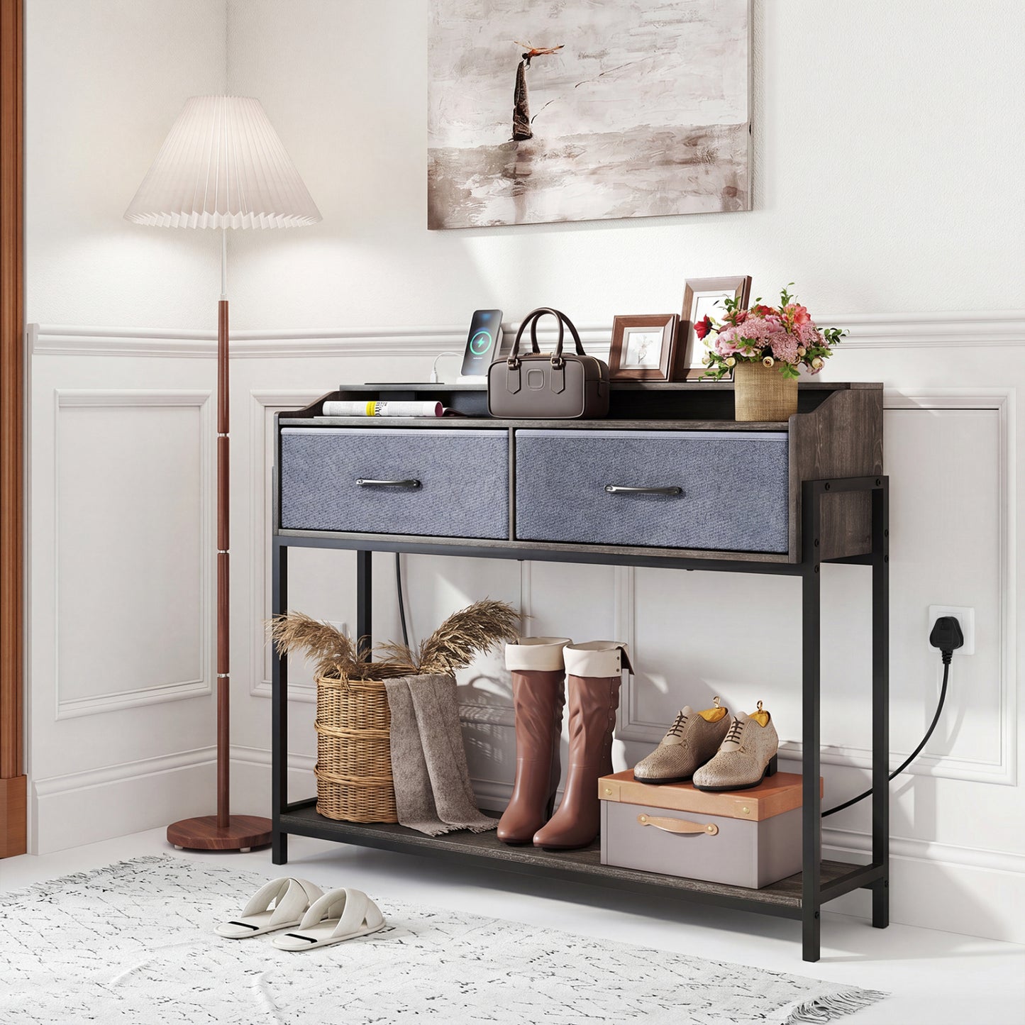 Console Table with Charging Station & 2 Drawers 110cm