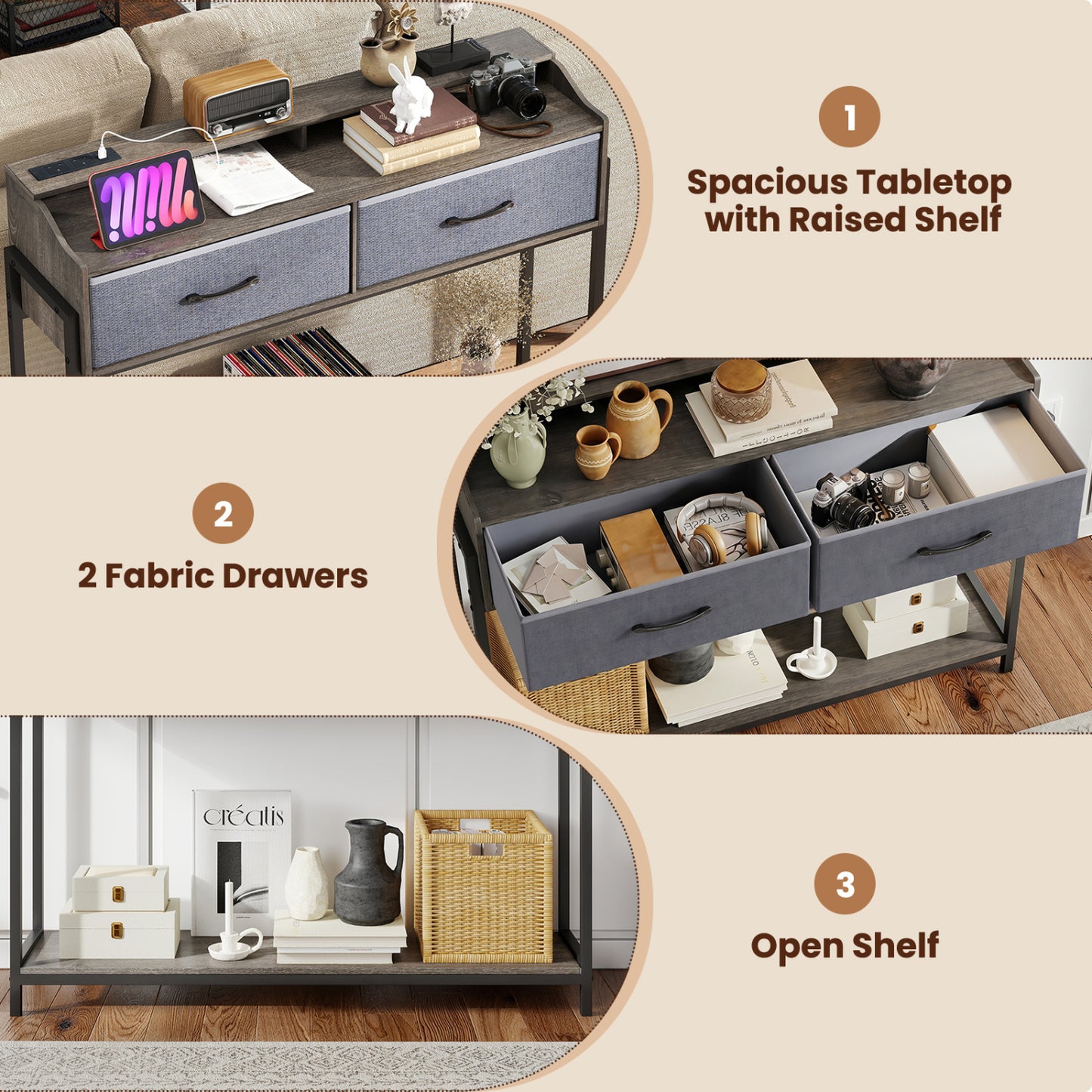 Console Table with Charging Station & 2 Drawers 110cm