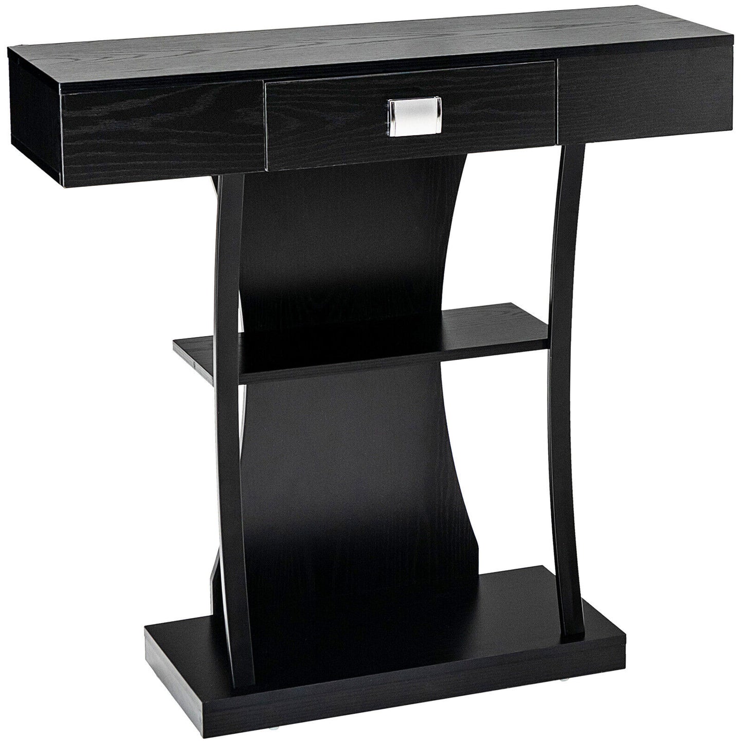 Console Table with Drawer and 2-Tier Shelves for Entryway Living Room-Black - Black
