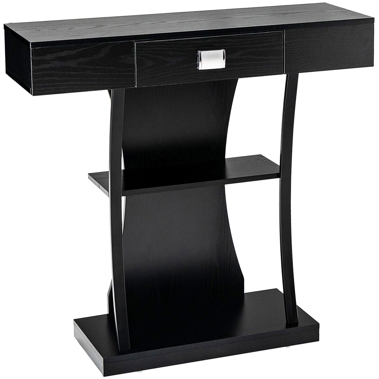 Console Table with Drawer and 2-Tier Shelves for Entryway Living Room-Black - Black