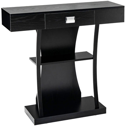 Console Table with Drawer and 2-Tier Shelves for Entryway Living Room-Black - Black