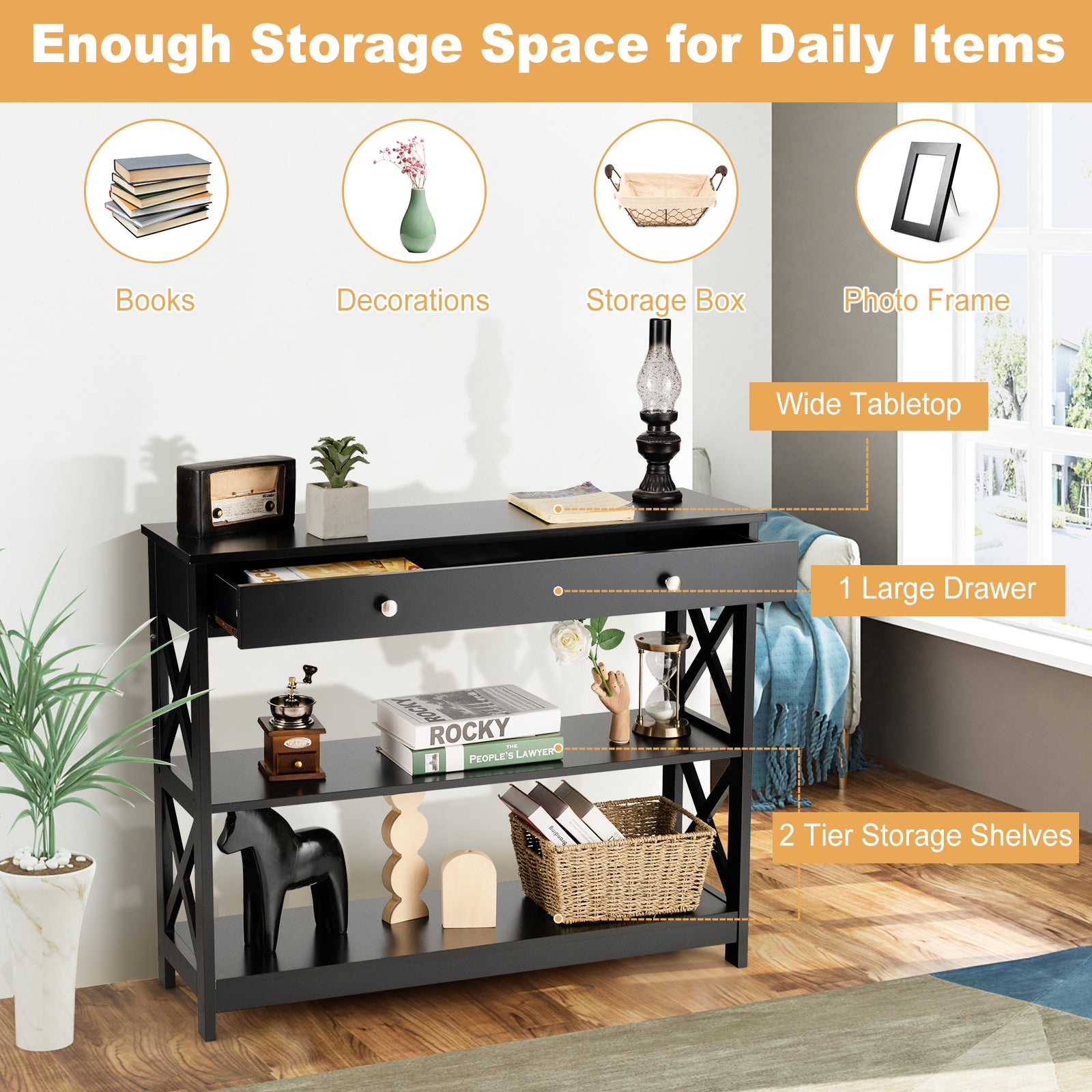 Console Table 3-Tier with Drawer and Storage Shelves-Black