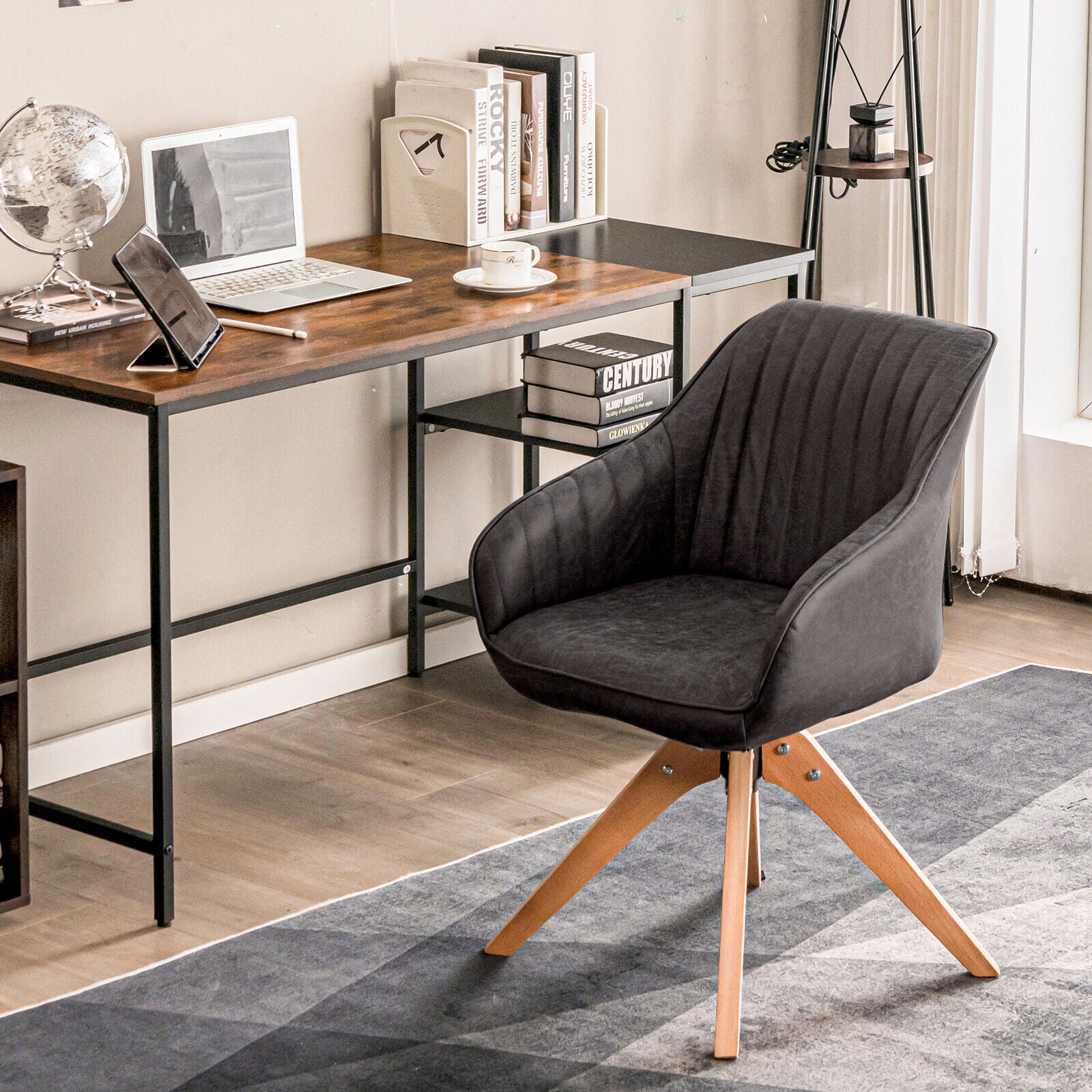 Modern Leathaire Set of 2 Swivel Accent Chair with Beech Wood Legs-Brown