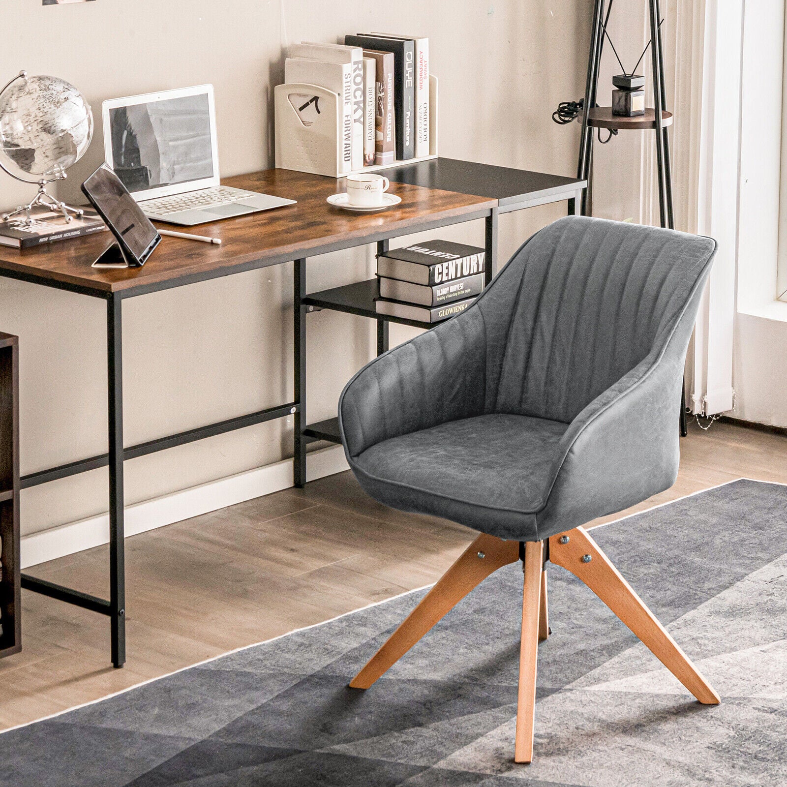 Modern Leathaire Set of 2 Swivel Accent Chair with Beech Wood Legs-Gray