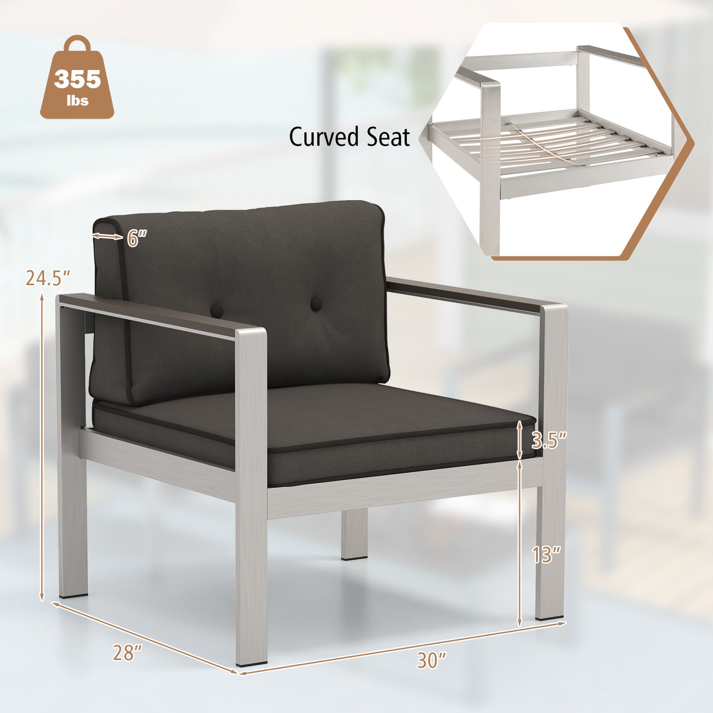 Contemporary Sofa Chair with WPC Armrests and Back Cushions-Gray